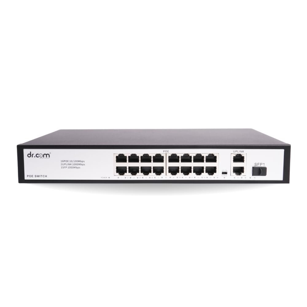 dr.com® 19 Port PoE Switch with 16 PoE Ports 2 Uplink Ports and 1 SFP Slot 250W Power IEEE 802.3af/at Network Switch for CCTV IP Camera Plug and Play Rackmount Metal Body Black
