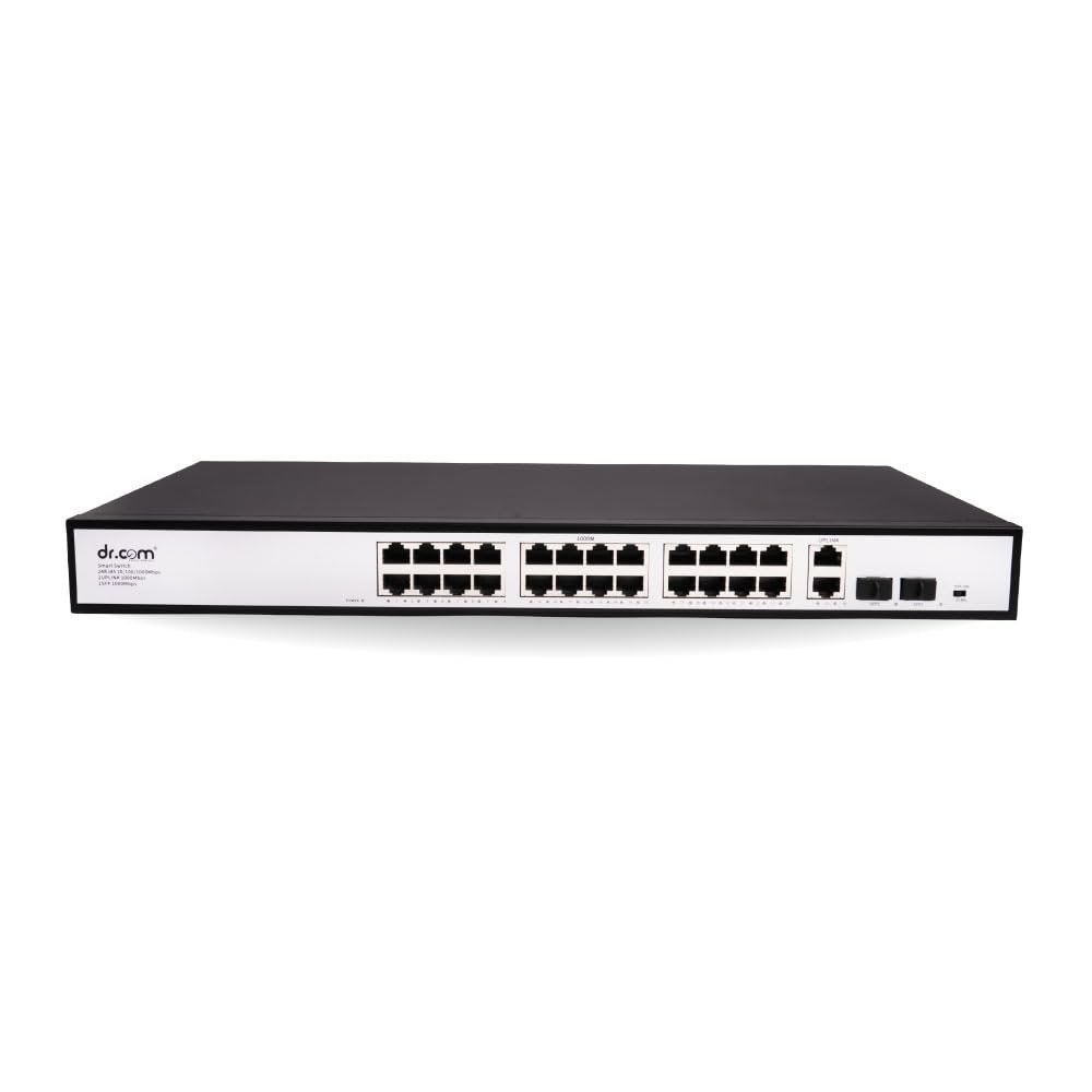 dr.com® 28 Port Gigabit PoE Switch with 24 PoE Ports 2 Uplink Ports and 2 SFP Slots 10/100/1000 Mbps 320W Power IEEE 802.3af/at Network Switch for CCTV IP Camera Rackmount Metal Body Black