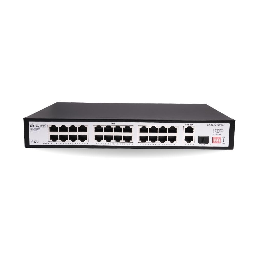 dr.com® 27 Port PoE Switch with 24 PoE Ports 2 Uplink Ports and 1 SFP Slot 10/100 Mbps 320W Power IEEE 802.3af/at Network Switch for CCTV IP Camera Plug and Play Rackmount Metal Body Black