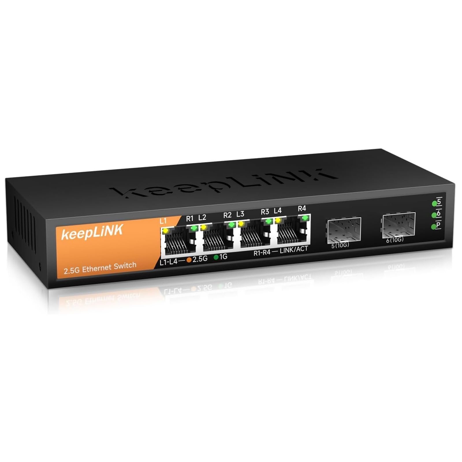 keepLiNK 6-Port 2.5G Switch Unmanaged, 4 x 2.5GBASE-T Ports & 2 x 10GBASE-T SFP Slots, 60Gbps Switching Capacity, Plug & Play/Wall Mountable/Fanless Metal, Compatible with 1000Mbps Devices