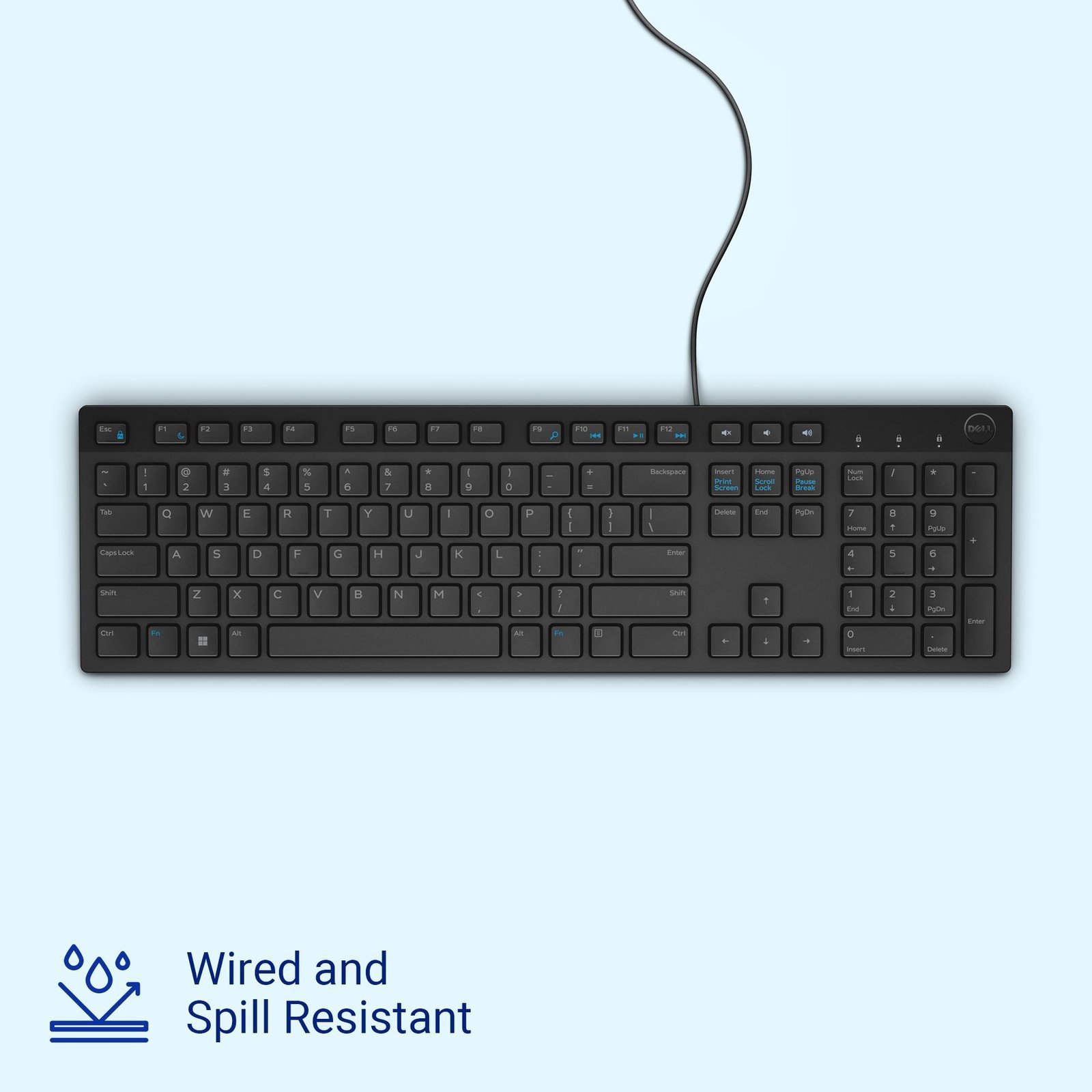 Dell KB216 Wired Multimedia Keyboard - Full-Size Layout with USB Interface, Chiclet Keys, Spill Resistance with 3 Indicator Lights| Plug and Play| Hot Keys: Volume, Mute, Play/Pause, Backward, Forward - Image 2