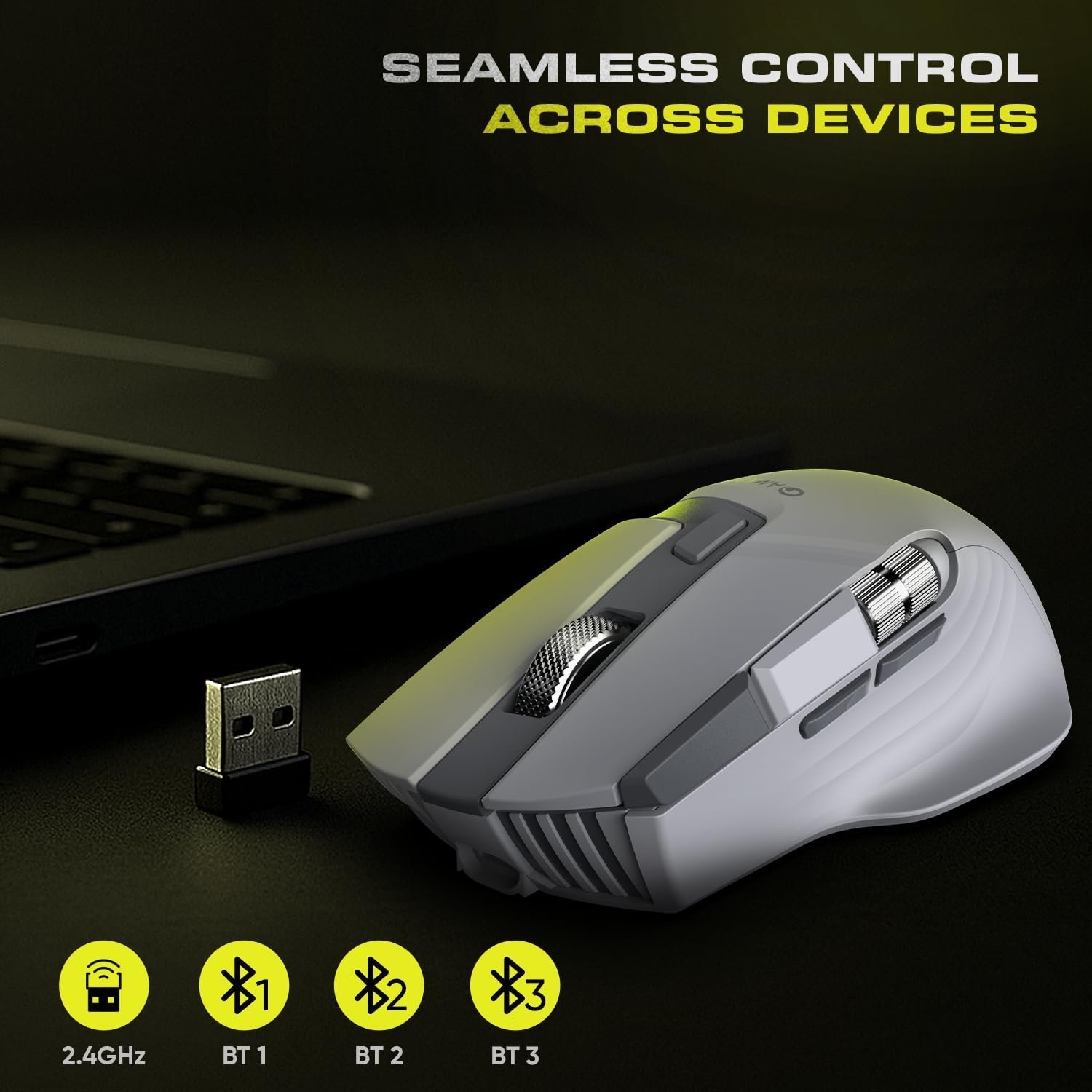 Amkette XS Series Flow S Ergonomic Wireless Mouse/Bluetooth Mouse with Side Scroll, 2.4G + 3×BT, 7 Buttons, Multi-OS, 3200 DPI Adjustable, 1000Hz Polling, 800mAh Rechargeable - Image 4