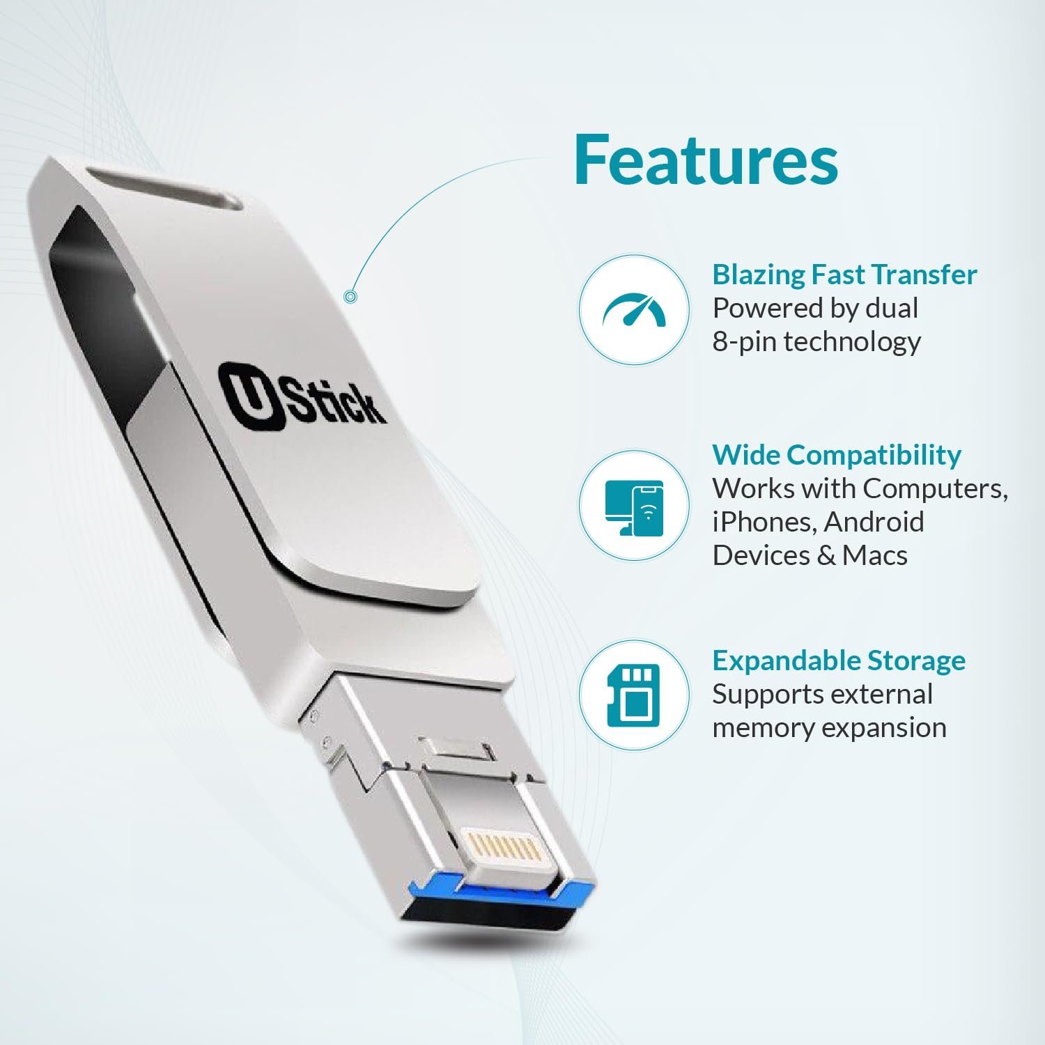 Ustick 128 GB 3 in 1 Pen Drive with Micro USB, USB A, Type-C for iOS & Android Compatible with iPhone, iPad, Android, PC and More Devices - Image 4