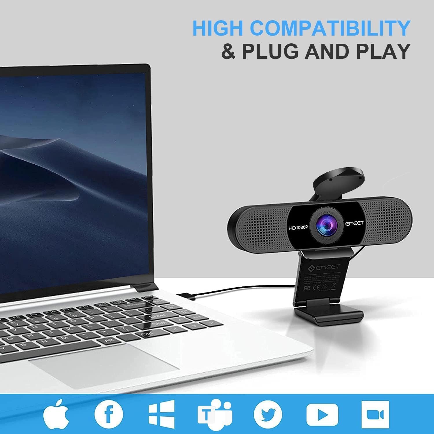 1080P Webcam with Microphone, eMeet C960 Web Camera, 2 Mics Streaming Webcam with Privacy Cover, 90°View Computer Camera, Plug&Play USB Webcam for Calls/Conference, Zoom/Skype/YouTube, Laptop/Desktop - Image 7