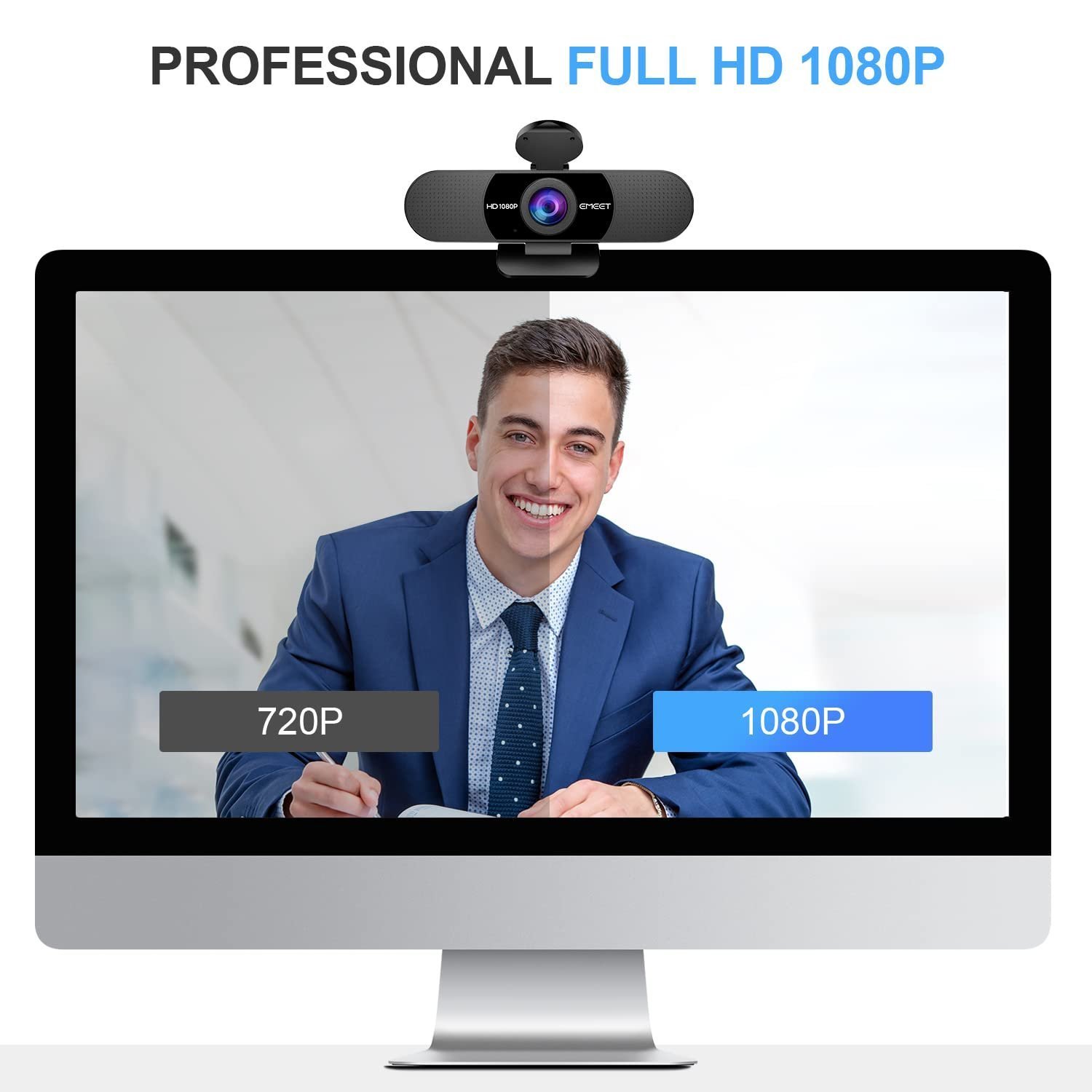 1080P Webcam with Microphone, eMeet C960 Web Camera, 2 Mics Streaming Webcam with Privacy Cover, 90°View Computer Camera, Plug&Play USB Webcam for Calls/Conference, Zoom/Skype/YouTube, Laptop/Desktop - Image 2