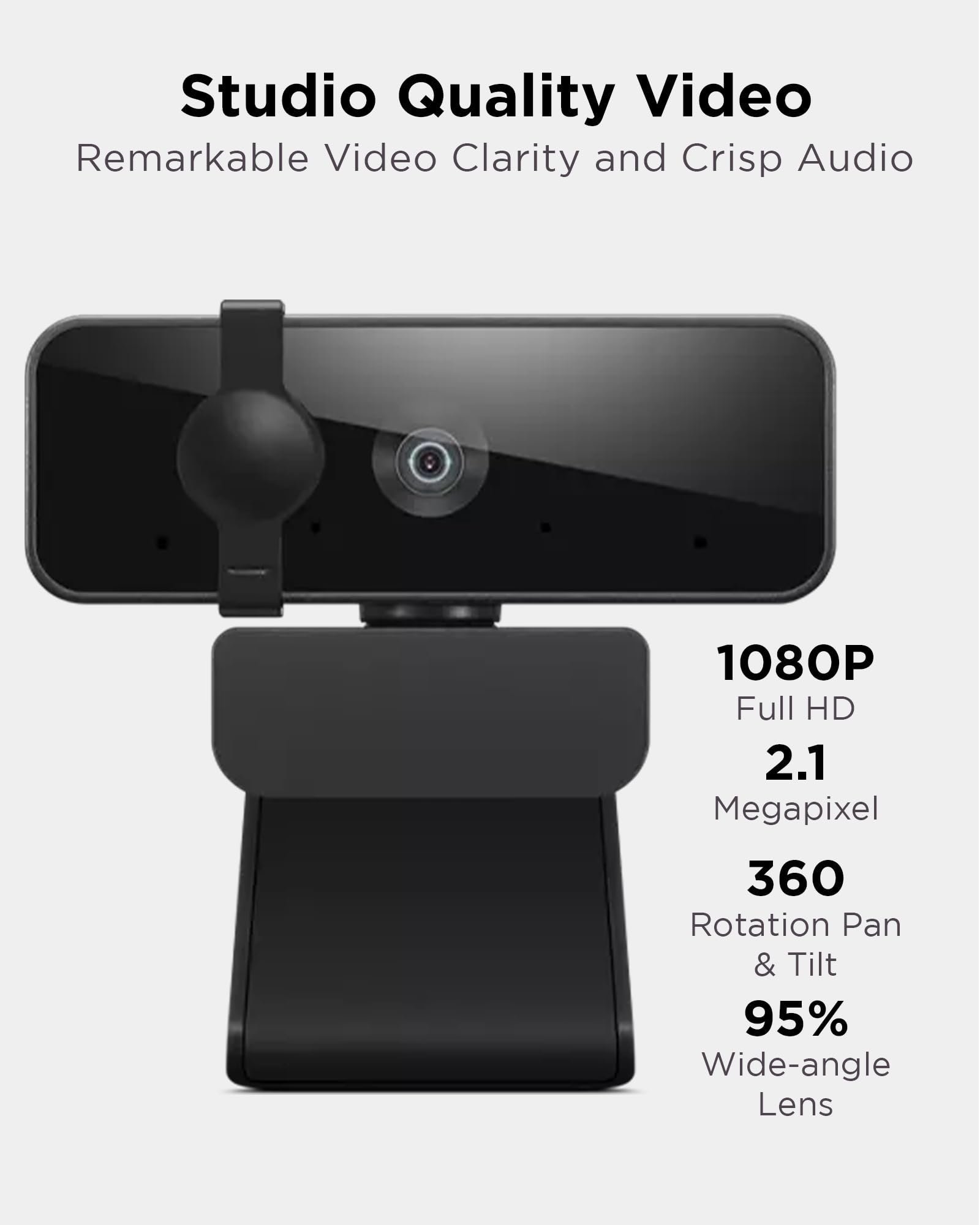 Lenovo FHD USB Webcam with Full Stereo Dual Built-in Mics | FHD 1080P 2.1 Megapixel Digital CMOS Camera |Wide 95 Lens| 360 Rotation | Flexible Mount (4XC1B34802), Black - Image 2