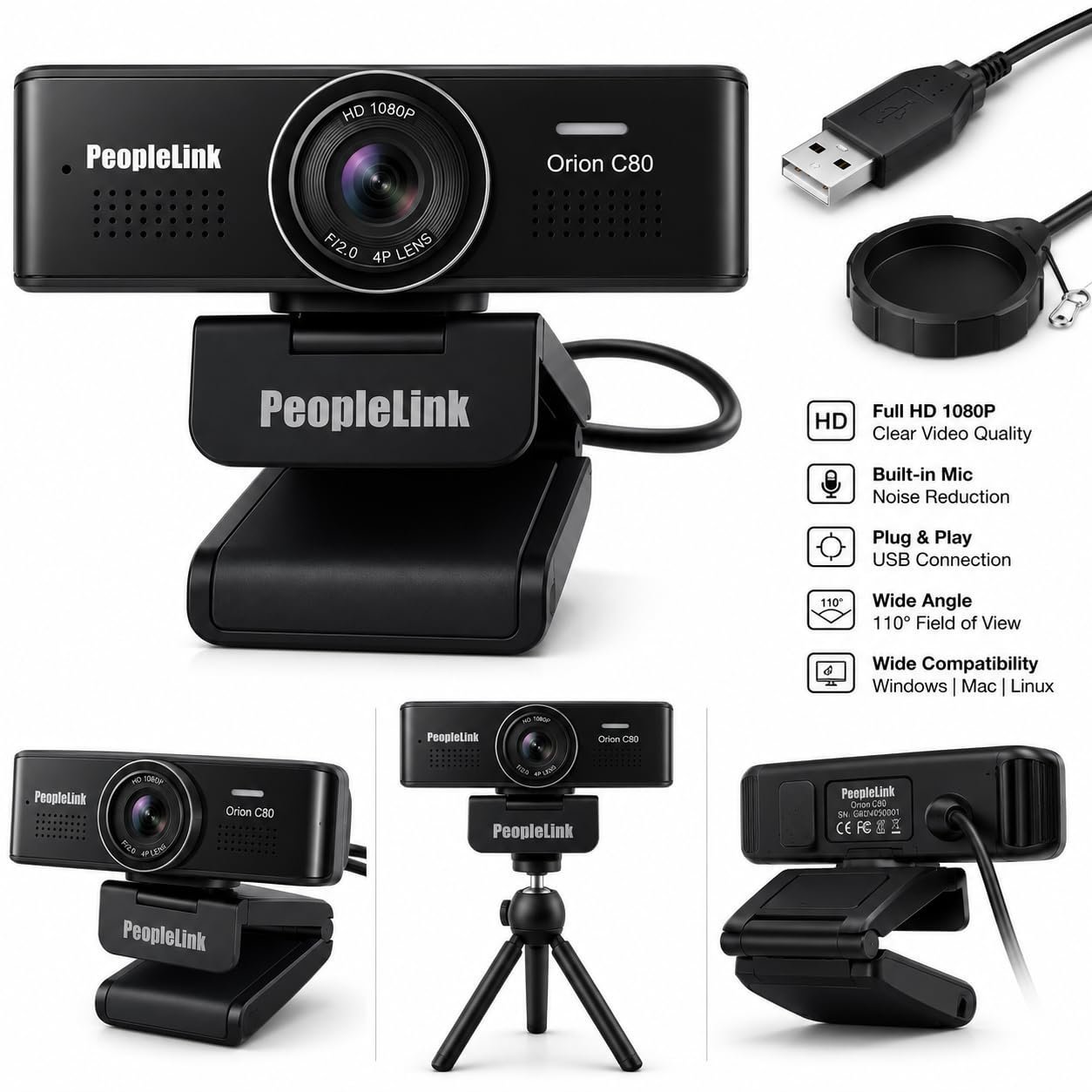 PeopleLink Orion C80 Full HD Webcam -1080p @30fps, 120° Field of View,Built-in Dual Mic,Plug and Play Setup for Video Call, Streaming, YouTube and More,Privacy Shutter with 4X Digital Zoom - Image 3
