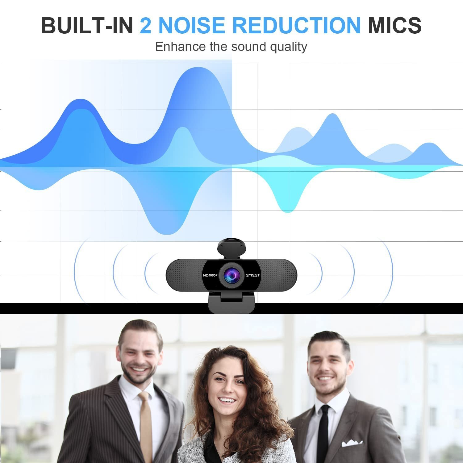 1080P Webcam with Microphone, eMeet C960 Web Camera, 2 Mics Streaming Webcam with Privacy Cover, 90°View Computer Camera, Plug&Play USB Webcam for Calls/Conference, Zoom/Skype/YouTube, Laptop/Desktop - Image 3