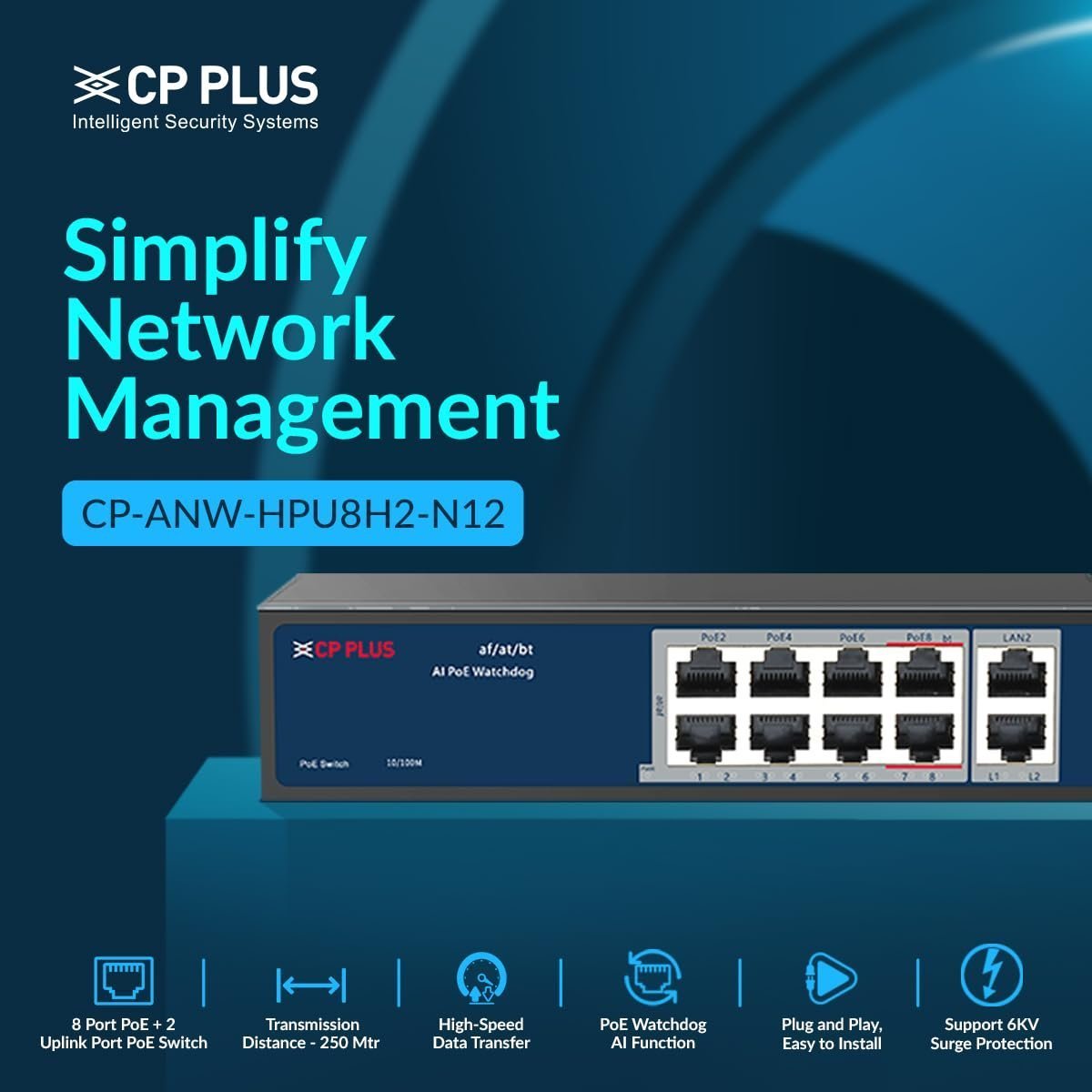 CP PLUS 8 Port PoE + 2 Uplink Port CP-ANW-HPU8H2-N12 PoE Switch with High Data Transfer , PoE watchdog AI Function - Image 2