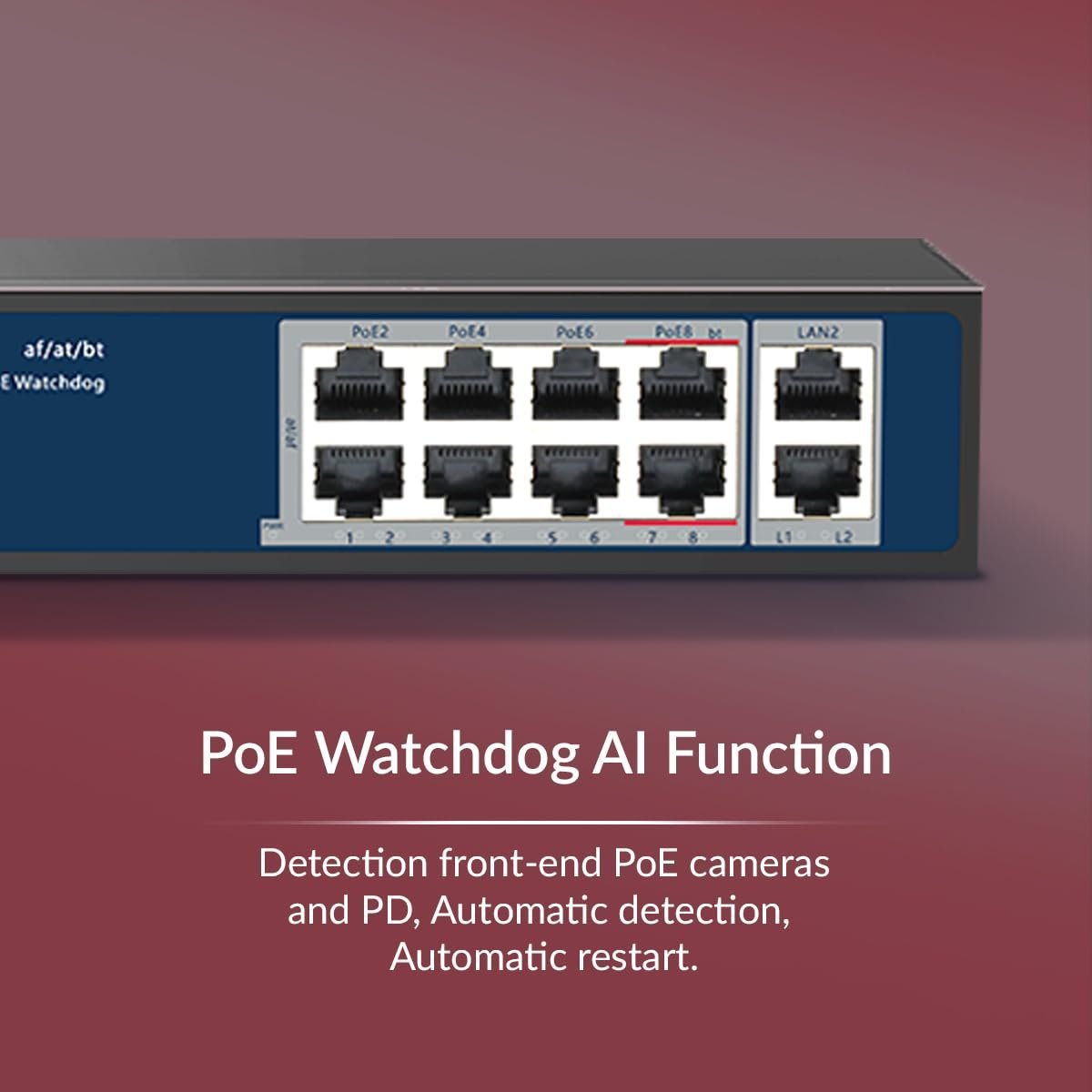 CP PLUS 8 Port PoE + 2 Uplink Port CP-ANW-HPU8H2-N12 PoE Switch with High Data Transfer , PoE watchdog AI Function - Image 3
