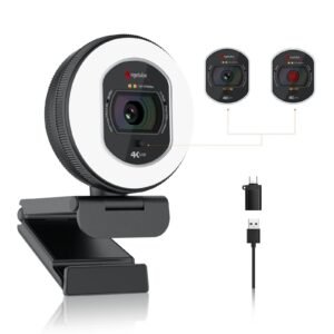 Angetube 4K Webcam for PC, Full HD 1080P@60FPS Streaming Camera with Ring Light, TOF Auto Focus, AI Noise Cancelling Mics, 78° FOV USB Web Cam for Laptop/Mac/PC Work with Zoom, Teams, Google Meet