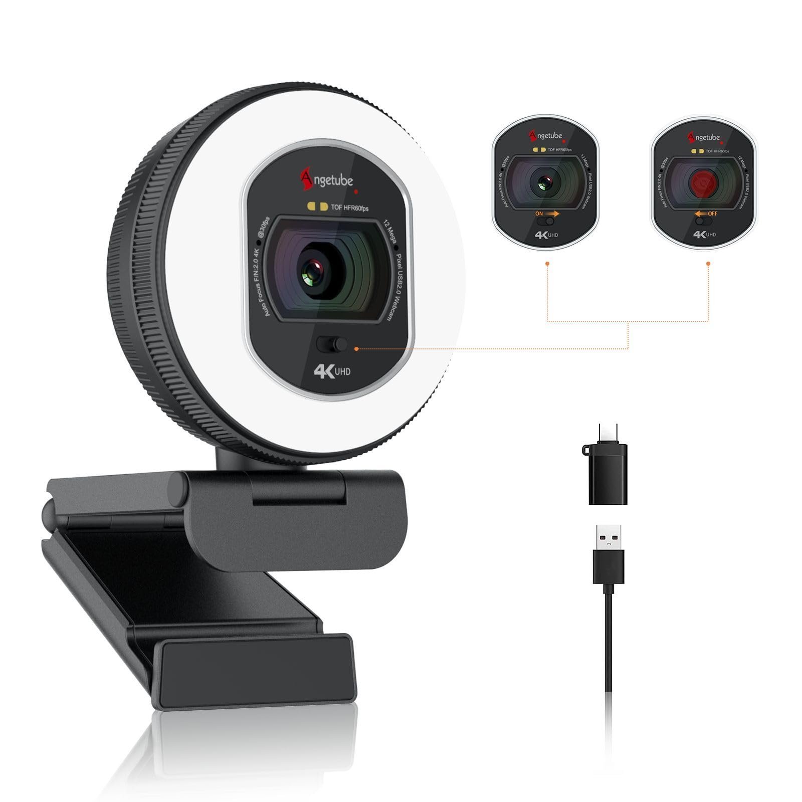 Angetube 4K Webcam for PC, Full HD 1080P@60FPS Streaming Camera with Ring Light, TOF Auto Focus, AI Noise Cancelling Mics, 78° FOV USB Web Cam for Laptop/Mac/PC Work with Zoom, Teams, Google Meet