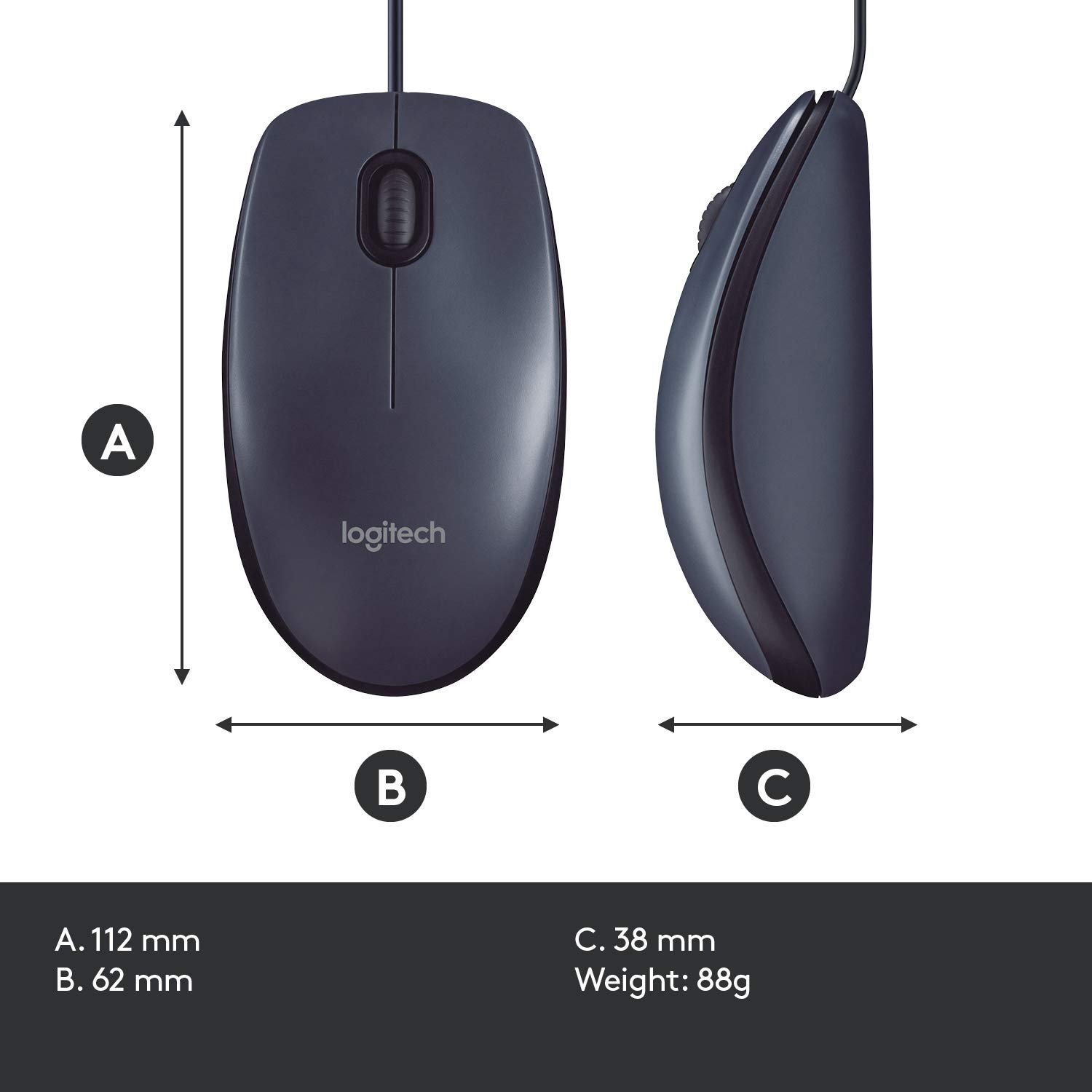 Logitech B100 Wired USB Mouse, 3 yr Warranty, 800 DPI Optical Tracking, Ambidextrous PC/Mac/Laptop - Black - Image 7