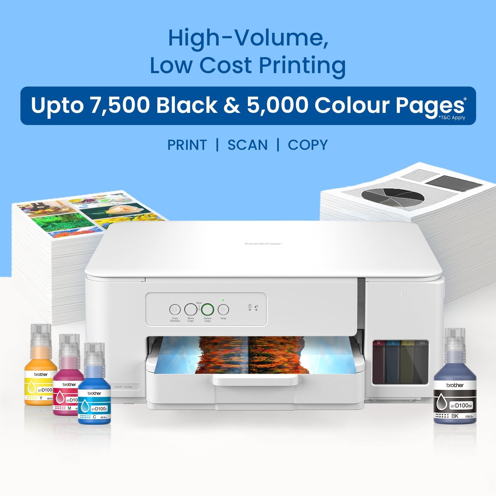 Brother Ink Tank DCP-T236 (New Launch) All in One (Print Scan Copy) Color Home Printer, 27/11 PPM BK/CL, 150 Sheet Paper Tray, Print Upto 7.5K Pages in Black & 5K in Color Each (CMY),Free Installation - Image 2
