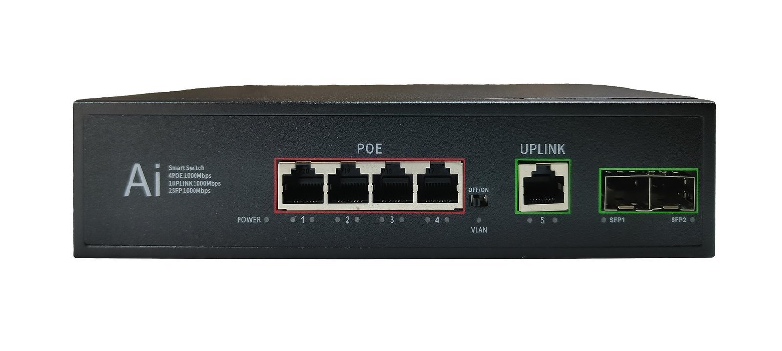 Hanutech AI Featured Unmanaged PoE Switch 4 Port Gigabit 10/100/1000Mbps with 1GE RJ45 Uplink and 2 SFP Port 1.25G Without Transceivers 65W for CCTV Networking Projects 1 Year Warranty