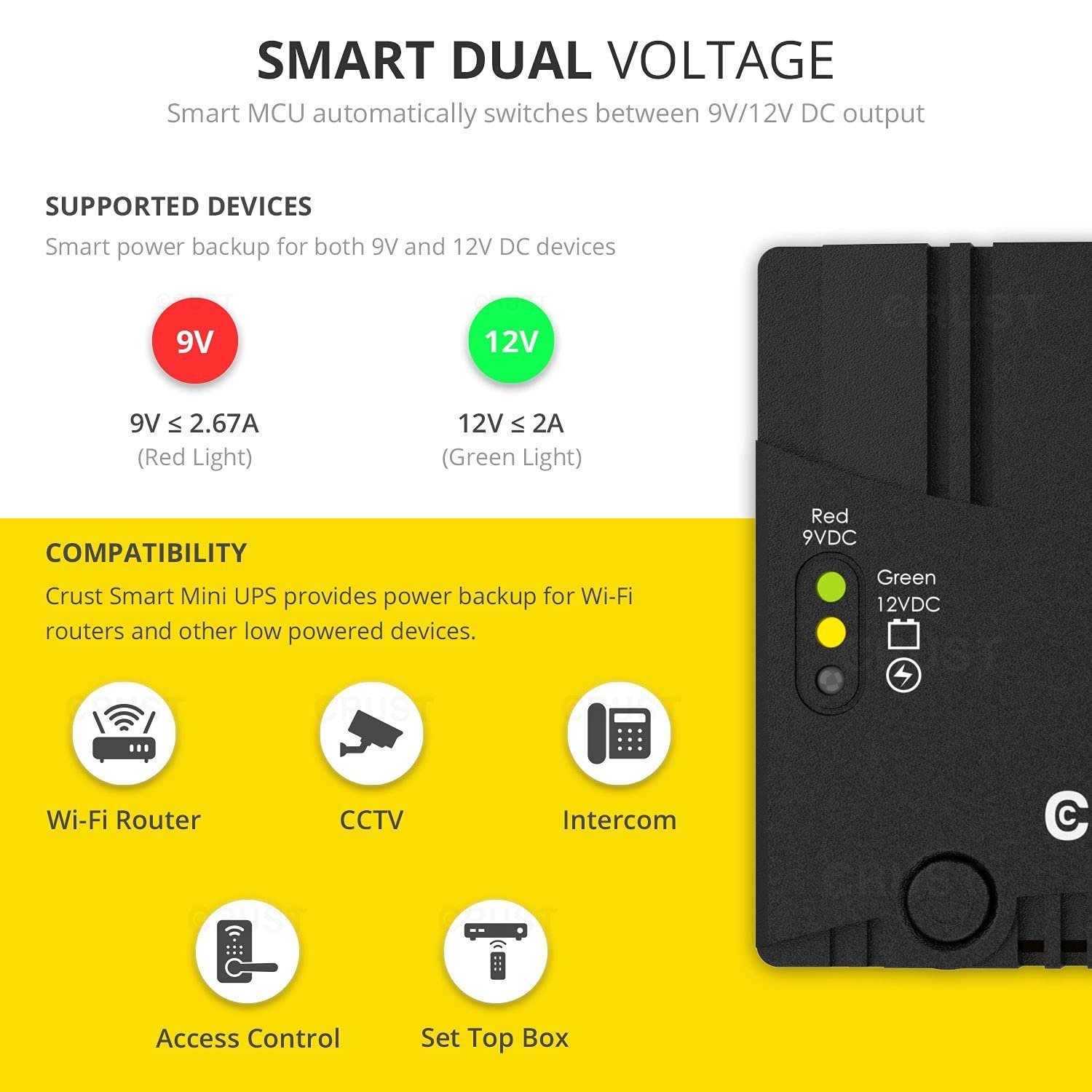 CRUST Smart Mini UPS for WiFi Router and Modem. Upto 4 Hours Power Backup. Replaceable EV Grade Li-Ion Battery. Supports 9V & 12V Routers, CCTV, Set Top Box, Access Control - Image 2