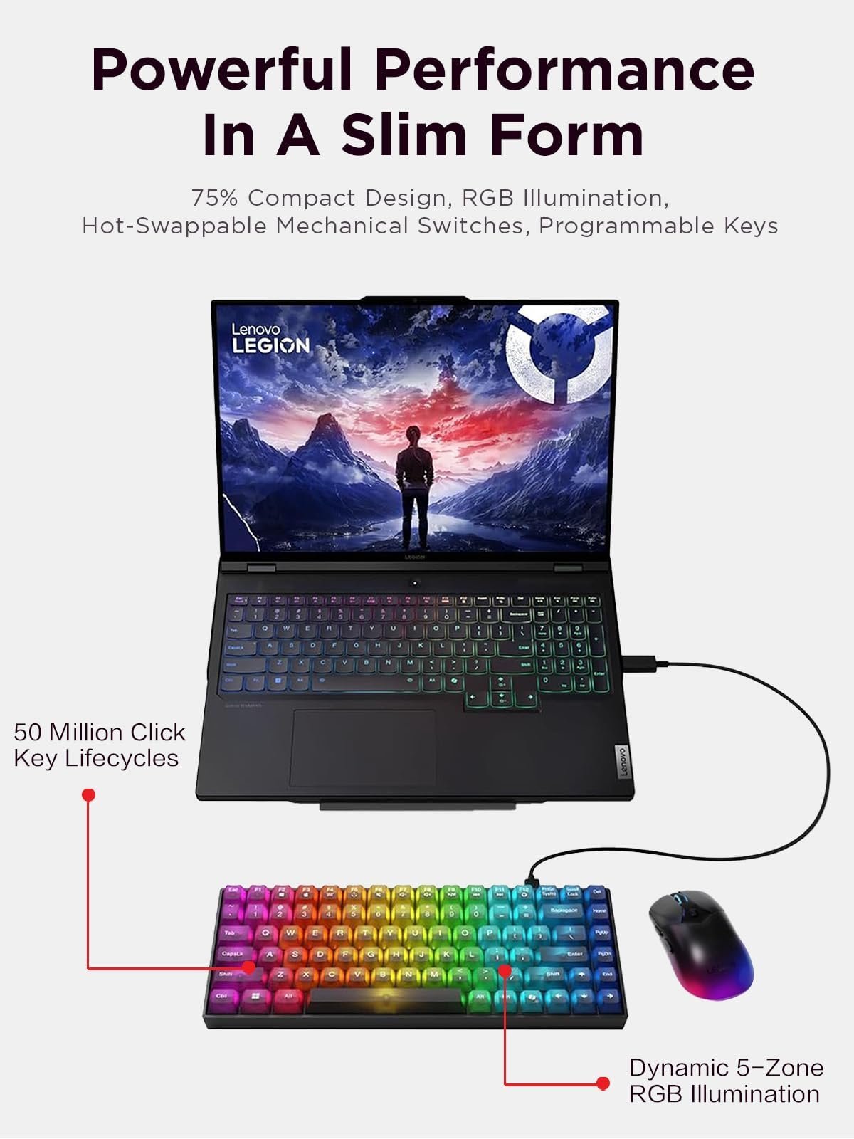 Lenovo Legion K510 Mini Pro Wired Mechanical Gaming Keyboard - 75% Compact Design, RGB Illumination, Hot-Swappable Mechanical Switches, Programable Keys - Image 2