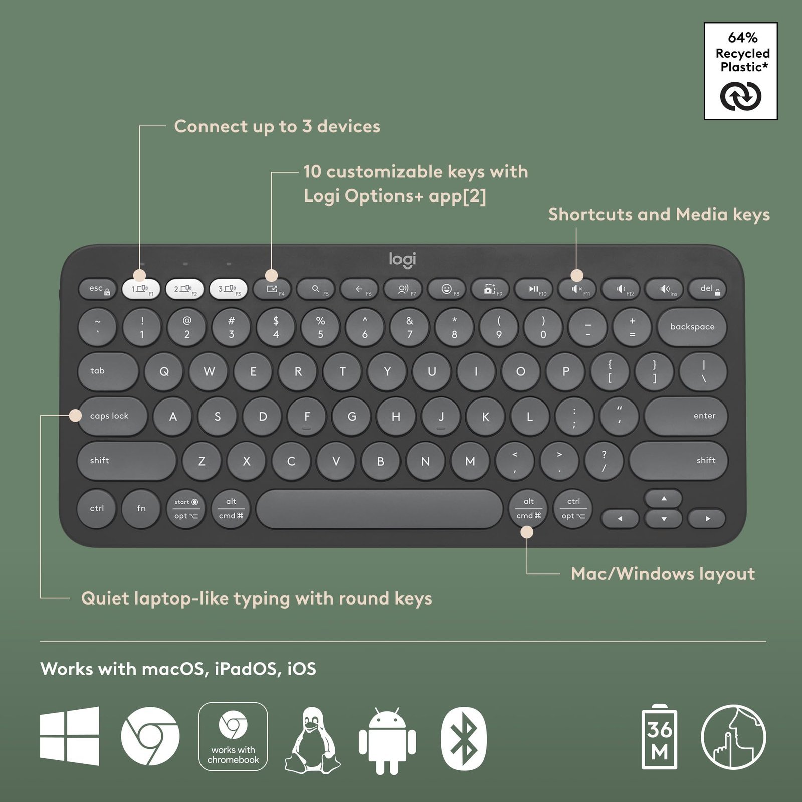 Logitech Pebble Keys 2 K380s, Multi-Device Bluetooth Wireless Keyboard with Customisable Shortcuts, Slim and Portable, Easy-Switch for Windows, macOS, iPadOS, Android, Chrome OS - Tonal Graphite - Image 4