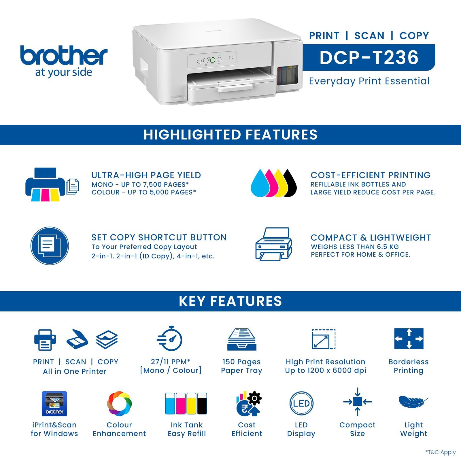 Brother Ink Tank DCP-T236 (New Launch) All in One (Print Scan Copy) Color Home Printer, 27/11 PPM BK/CL, 150 Sheet Paper Tray, Print Upto 7.5K Pages in Black & 5K in Color Each (CMY),Free Installation - Image 6