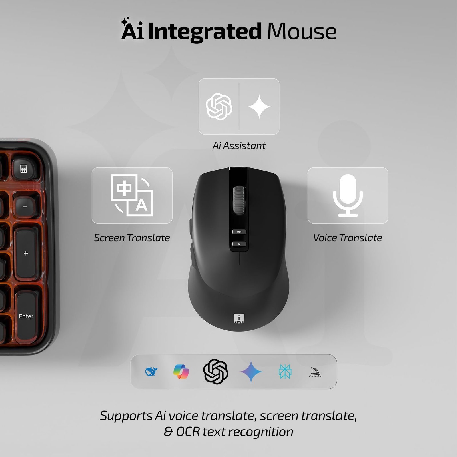 iBall GLIDR Ai1 Smart AI Wireless Mouse, Powered by ChatGPT AI Voice & Text Translation, Voice Typing, Centralized AI Software, 100+ Languages, Dual Mode (BT + 2.4GHz), Rechargeable Battery (Black) - Image 2