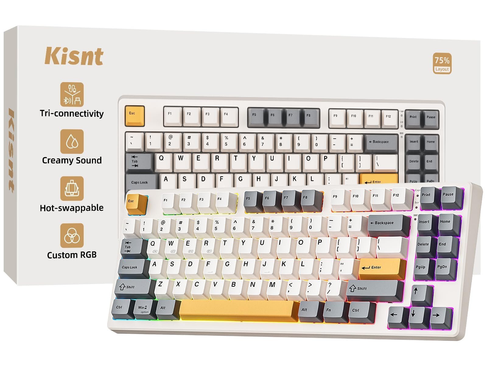 Kisnt Wireless Mechanical Keyboard, Creamy Sound Board Gaming Keyboard with Bluetooth/2.4GHz/USB-C, 75% 85 Keys, Hot Swappable Compact Keyboard for Win/Mac
