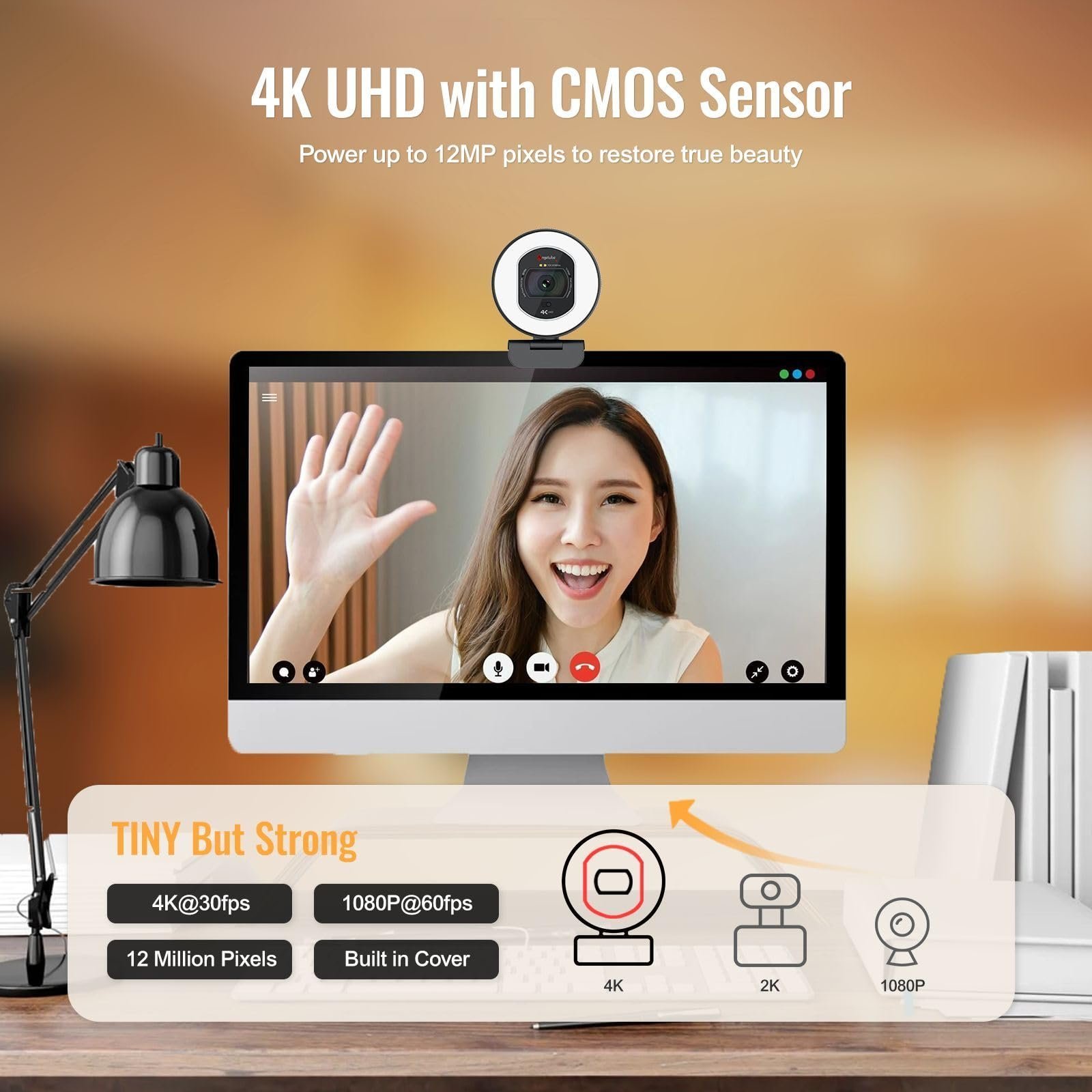 Angetube 4K Webcam for PC, Full HD 1080P@60FPS Streaming Camera with Ring Light, TOF Auto Focus, AI Noise Cancelling Mics, 78° FOV USB Web Cam for Laptop/Mac/PC Work with Zoom, Teams, Google Meet - Image 2