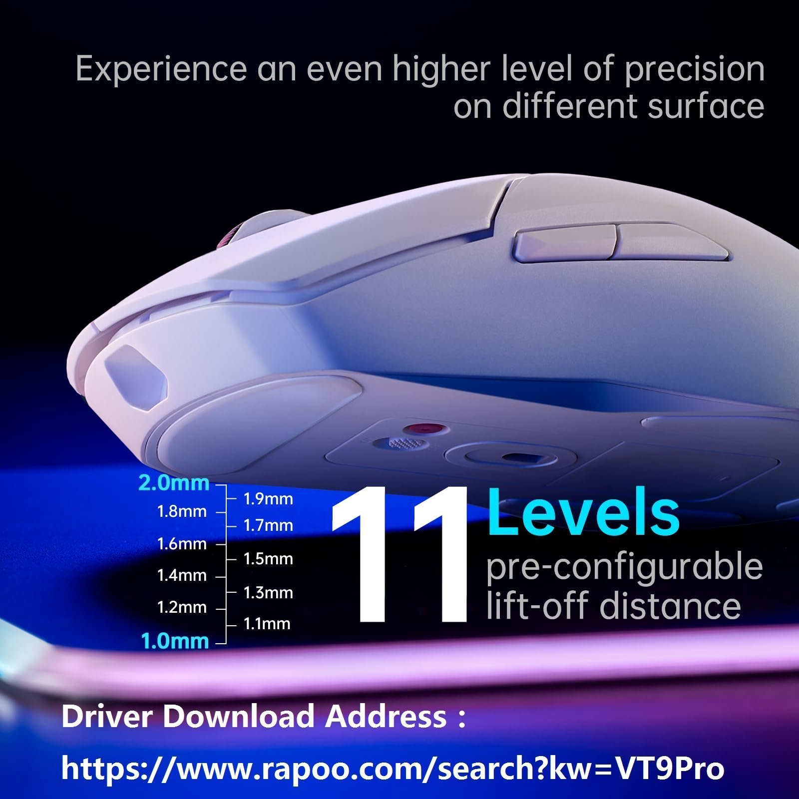 Rapoo VT9PRO - 68g Ultra Lightweight Wireless Gaming Mouse, Upto 26000K DPI, 1K+4K Polling Rate, PAW 3398 Esports Sensor, 1ms Response,10 Buttons & 160 Hr Battery Life, Onboard Memory - White - Image 8