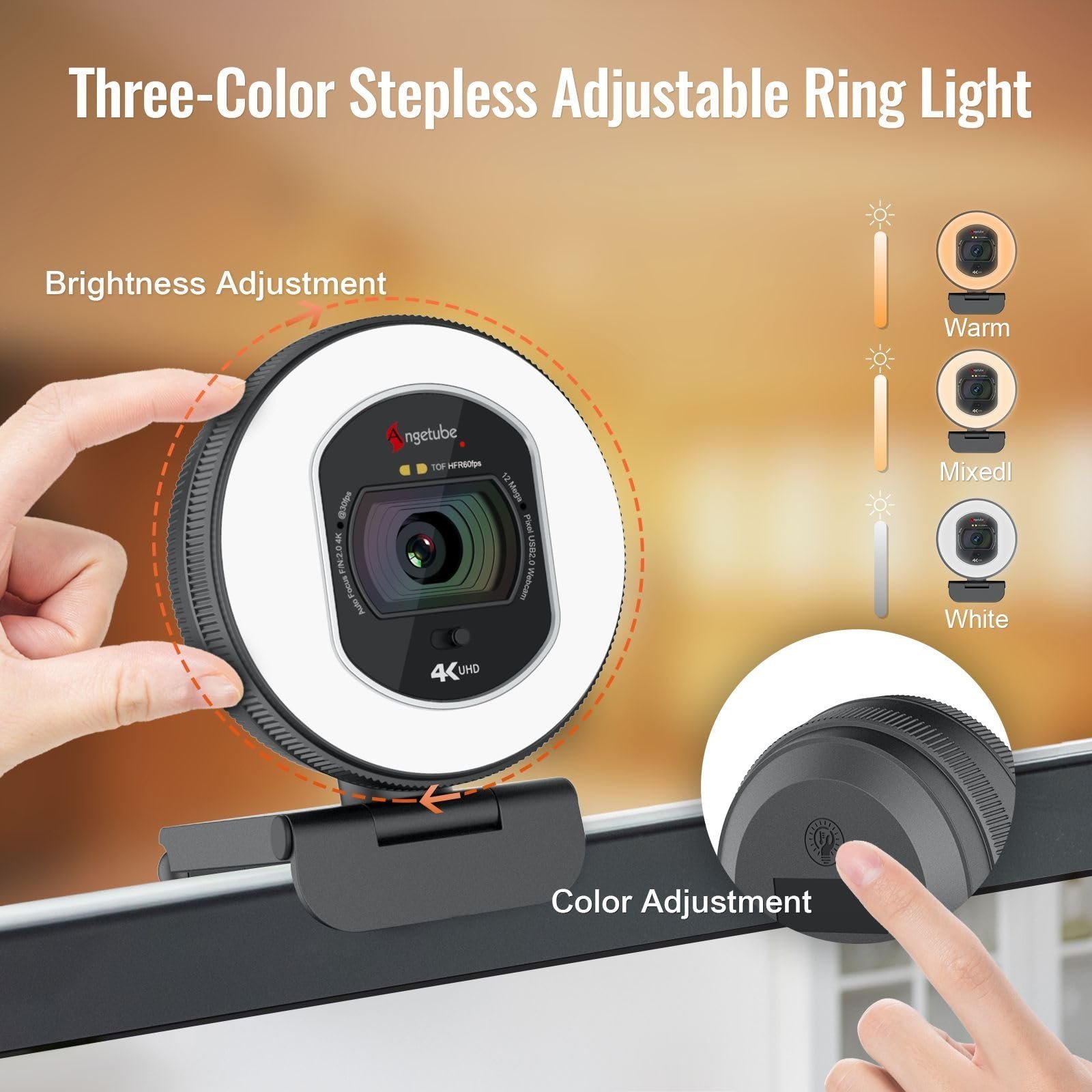 Angetube 4K Webcam for PC, Full HD 1080P@60FPS Streaming Camera with Ring Light, TOF Auto Focus, AI Noise Cancelling Mics, 78° FOV USB Web Cam for Laptop/Mac/PC Work with Zoom, Teams, Google Meet - Image 3