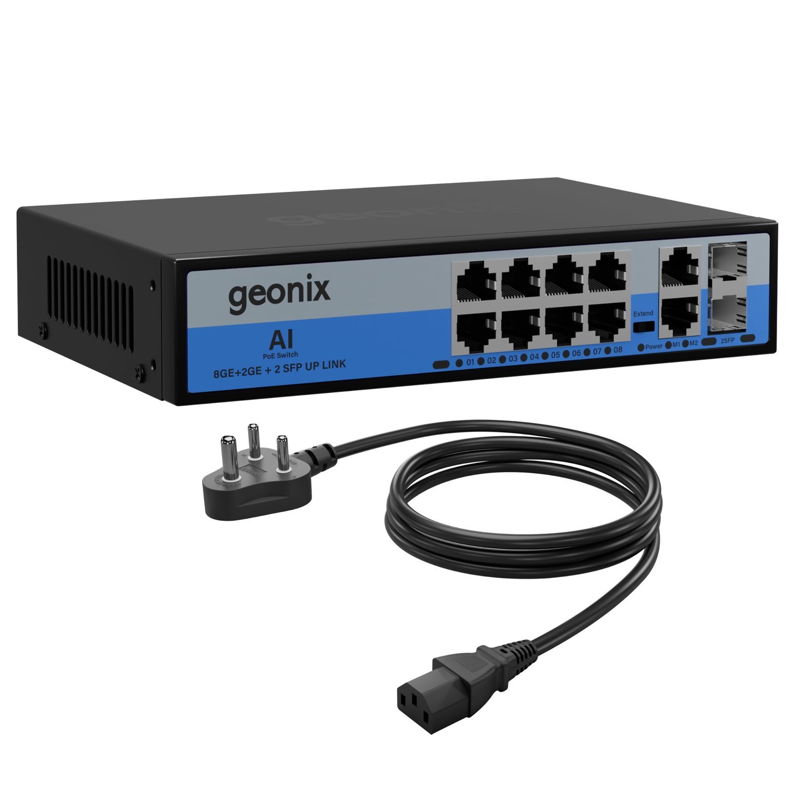 Geonix 8 Port Gigabit PoE Switch with 2 Uplink RJ45 + 2 SFP Slots, 150W PoE Budget, IEEE 802.3af/at, Unmanaged Network Switch for CCTV IP Cameras, NVR, Access Point, Metal Body