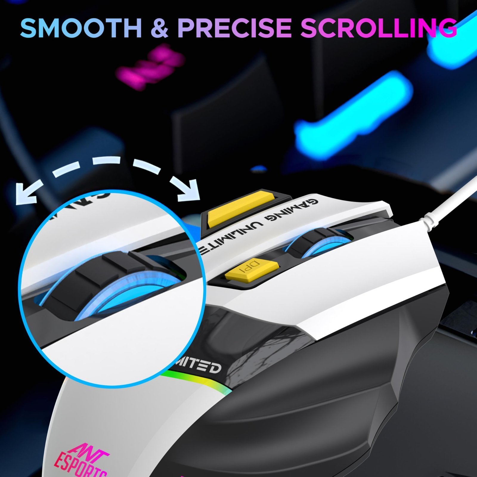 Ant Esports GM100 V2 Optical Gaming Mouse,7 Button Wired USB Mouse, 4000 FPS Sensor, 3600 DPI, RGB Lighting,1.5m PVC Cable, Ergonomic Design, for Windows PC, Laptop,Gaming & Office Use- Black & White - Image 4