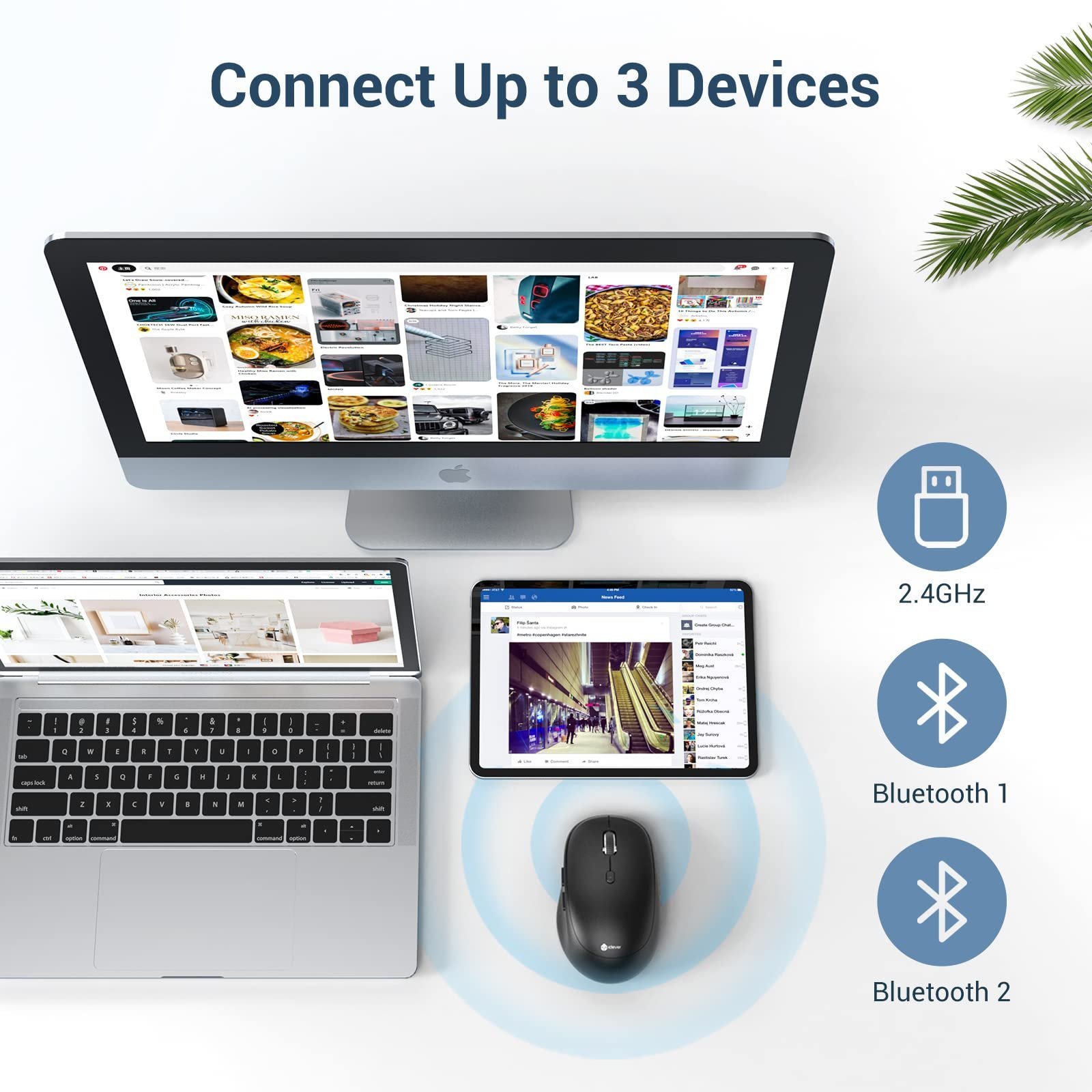 iClever Wireless Mouse, MD165 Dual Mode Wireless Mouse, Bluetooth Type-C Rechargeable Mouse, 2.4G Wireless Computer Mice with USB Receiver, 3 Device Connection for Windows 7/8/10, Mac, iOS, Android - Image 2