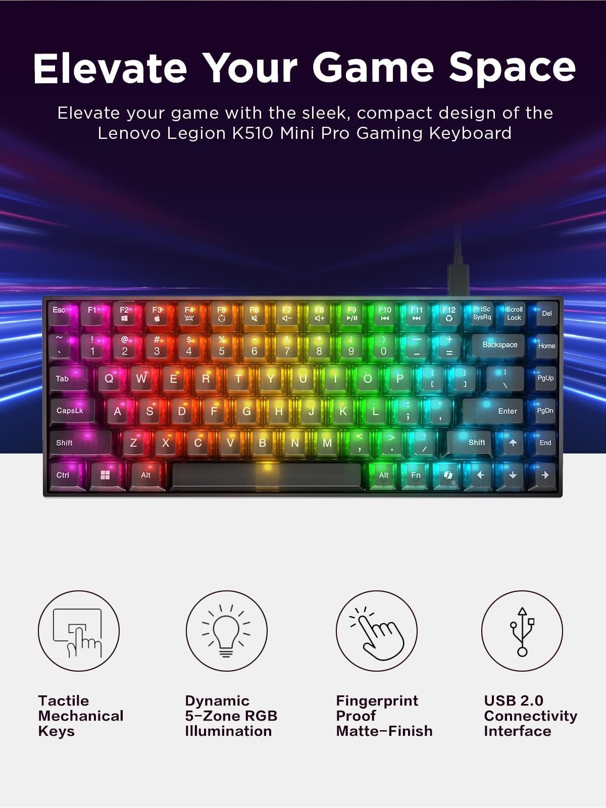 Lenovo Legion K510 Mini Pro Wired Mechanical Gaming Keyboard - 75% Compact Design, RGB Illumination, Hot-Swappable Mechanical Switches, Programable Keys - Image 5