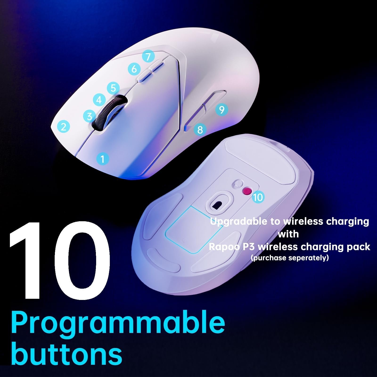 Rapoo VT9PRO - 68g Ultra Lightweight Wireless Gaming Mouse, Upto 26000K DPI, 1K+4K Polling Rate, PAW 3398 Esports Sensor, 1ms Response,10 Buttons & 160 Hr Battery Life, Onboard Memory - White - Image 7