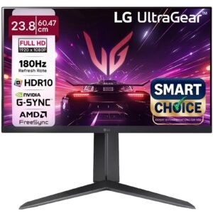 LG 24GS65F Smartchoice 60.47cm (23.8Inch) Ultragear FHD (1920x1080) IPS Gaming Monitor, 180Hz, 1ms, NVIDIA G-SYNC Compatible, AMD FreeSync, DP, HDMI, Tilt/Height/Pivot Adjustable, Anti-Glare (Black)