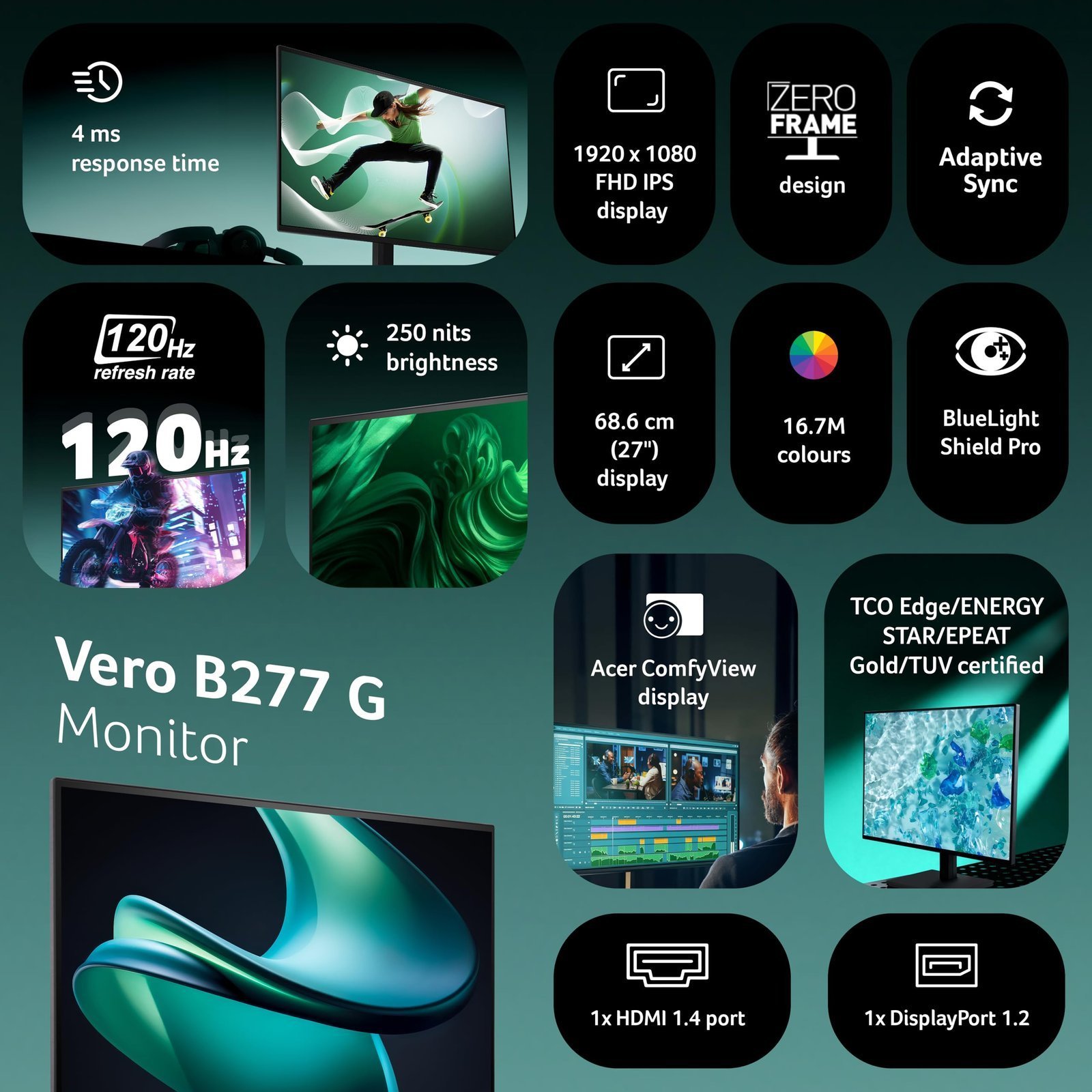 Acer Vero B277 G 27 Inch IPS FHD Monitor | 120Hz AdaptiveSync | ErgoStand Tilt/Swivel/Pivot/Height Adjust | TUV Low Blue Light | VisionCare 2.0 | HDMI + DP Ports | TCO/EPEAT Gold | 85% PCR Eco Design - Image 7