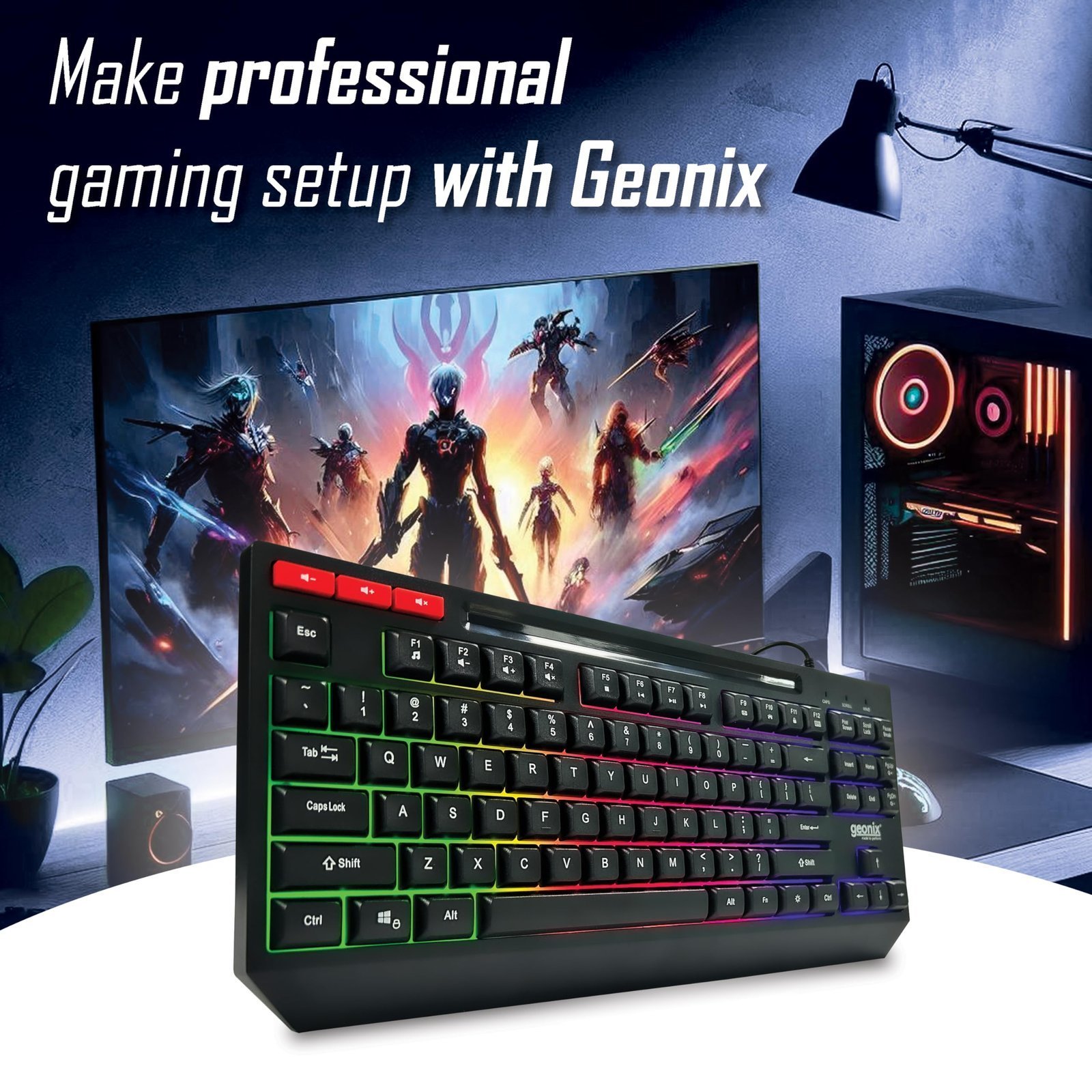 GEONIX Cruiser K2 Multi Function Gaming Keyboard with 90 Keys Including 3 Dedicated Multimedia Keys, Rainbow Backlight, Spill Resistant, PVC Cable, Durable Body (Black) - Image 6