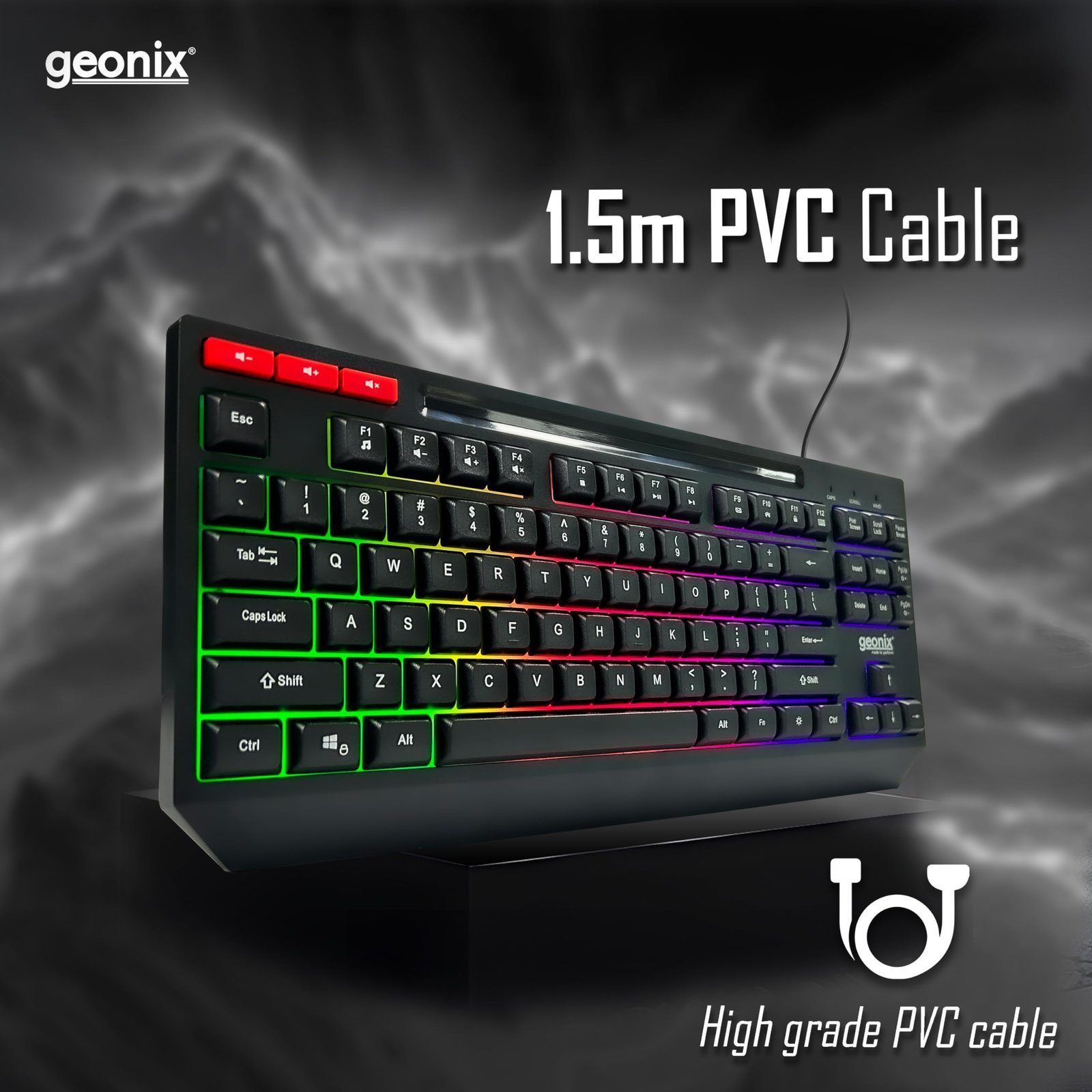 GEONIX Cruiser K2 Multi Function Gaming Keyboard with 90 Keys Including 3 Dedicated Multimedia Keys, Rainbow Backlight, Spill Resistant, PVC Cable, Durable Body (Black) - Image 4