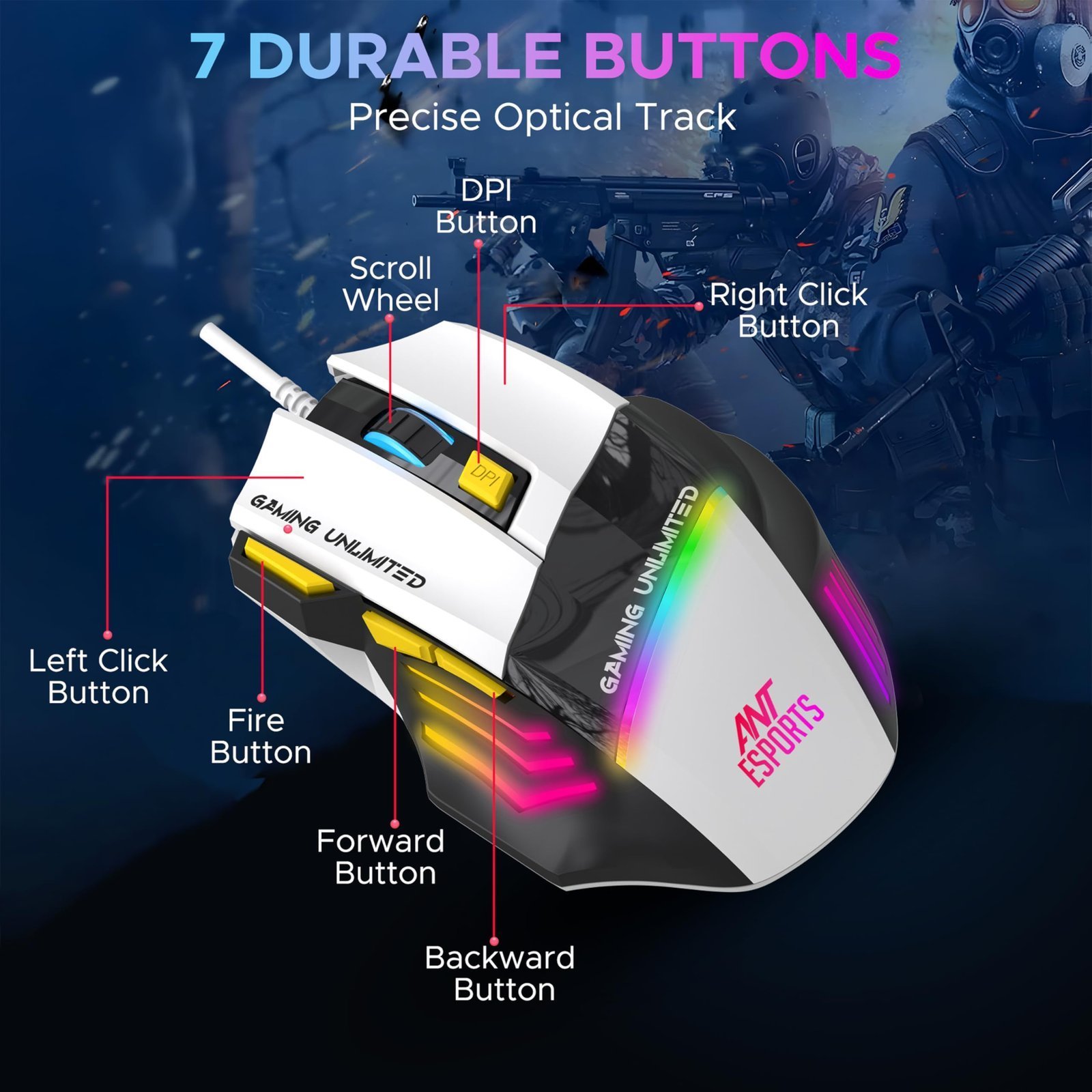 Ant Esports GM100 V2 Optical Gaming Mouse,7 Button Wired USB Mouse, 4000 FPS Sensor, 3600 DPI, RGB Lighting,1.5m PVC Cable, Ergonomic Design, for Windows PC, Laptop,Gaming & Office Use- Black & White - Image 3