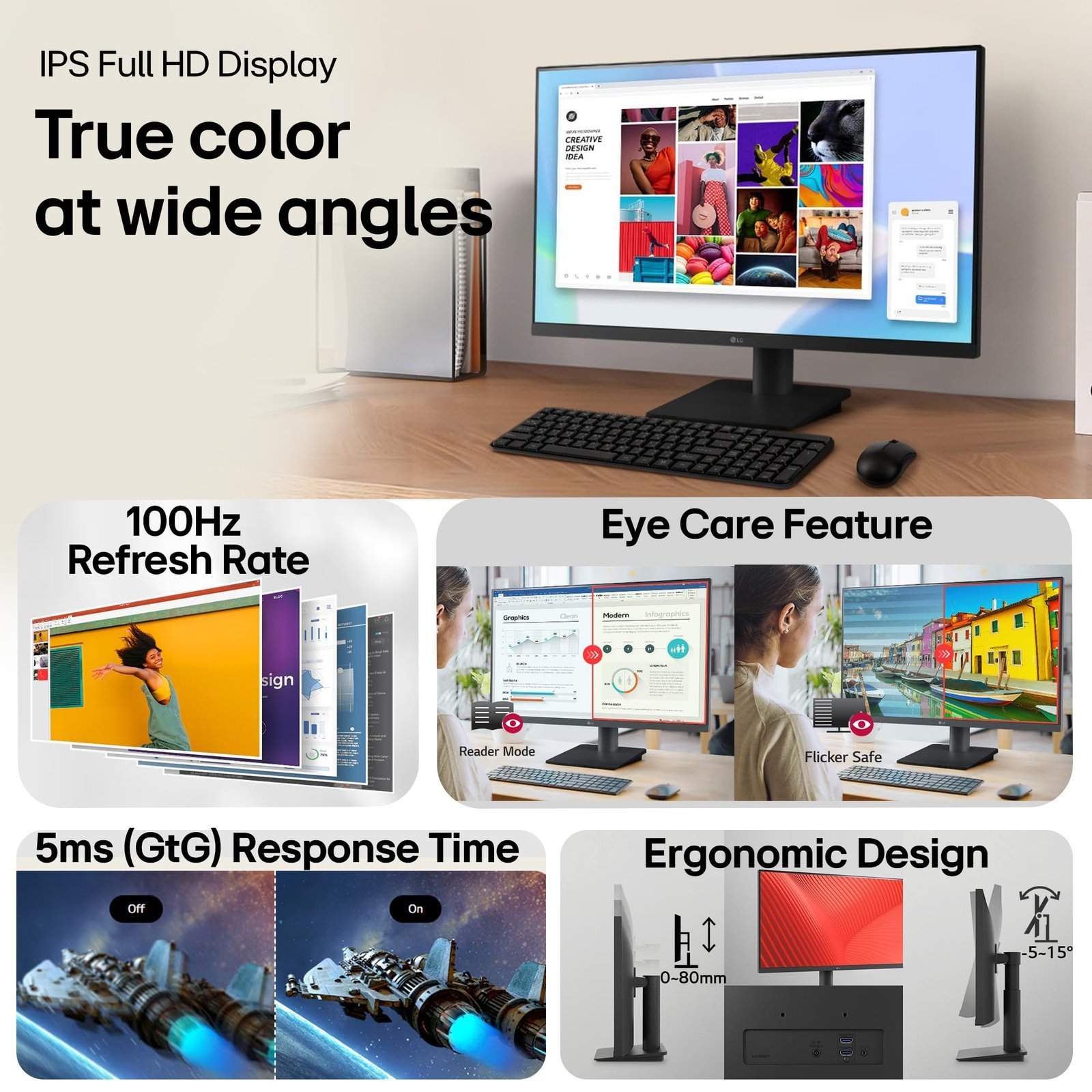 LG 27MS550-B 68.6 cm (27 Inch) FHD (1920x1080) IPS PC Monitor with 100Hz, 5ms (GtG), Flicker Safe & Reader Mode, 2xSpeakers, 2xHDMI, Tilt/Height Adjustable, 3-Side Virtually Borderless Design (Black) - Image 2