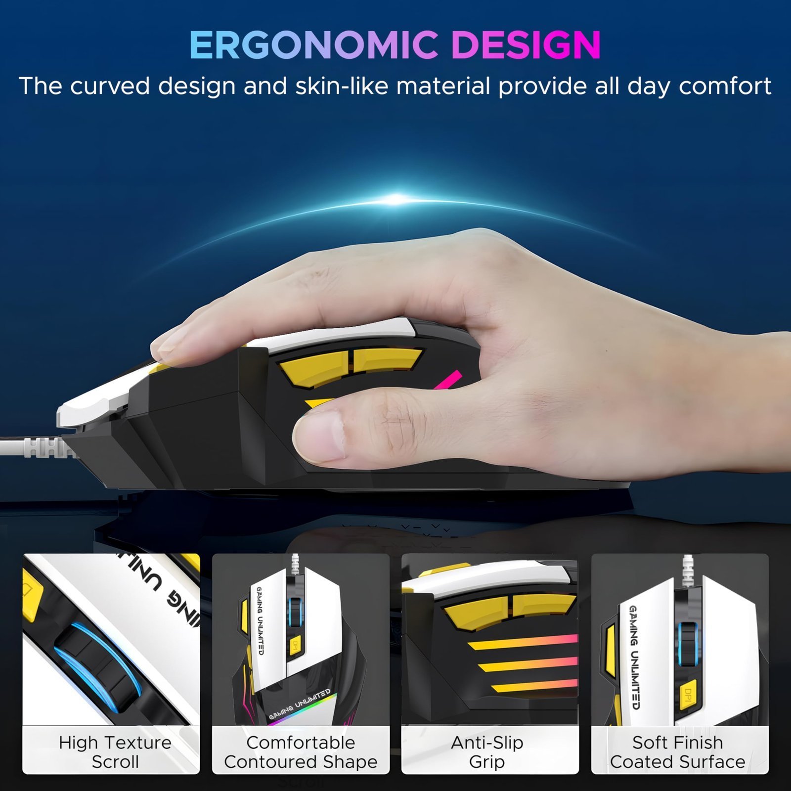 Ant Esports GM100 V2 Optical Gaming Mouse,7 Button Wired USB Mouse, 4000 FPS Sensor, 3600 DPI, RGB Lighting,1.5m PVC Cable, Ergonomic Design, for Windows PC, Laptop,Gaming & Office Use- Black & White - Image 2