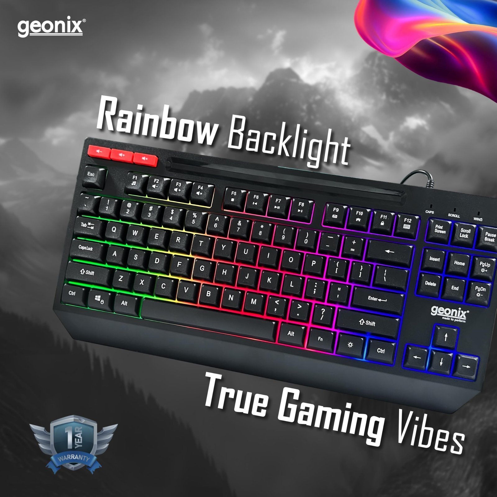 GEONIX Cruiser K2 Multi Function Gaming Keyboard with 90 Keys Including 3 Dedicated Multimedia Keys, Rainbow Backlight, Spill Resistant, PVC Cable, Durable Body (Black) - Image 2