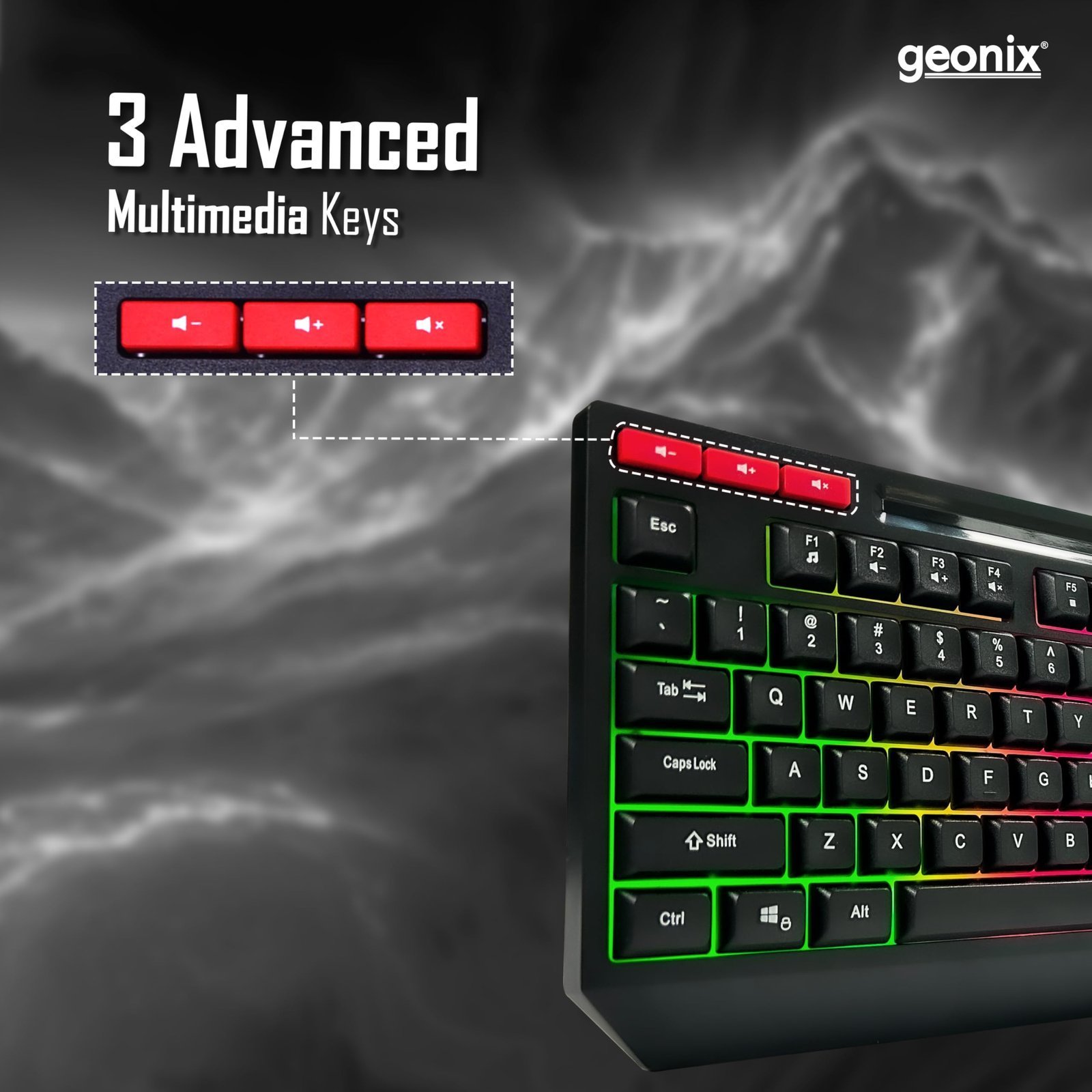 GEONIX Cruiser K2 Multi Function Gaming Keyboard with 90 Keys Including 3 Dedicated Multimedia Keys, Rainbow Backlight, Spill Resistant, PVC Cable, Durable Body (Black) - Image 3