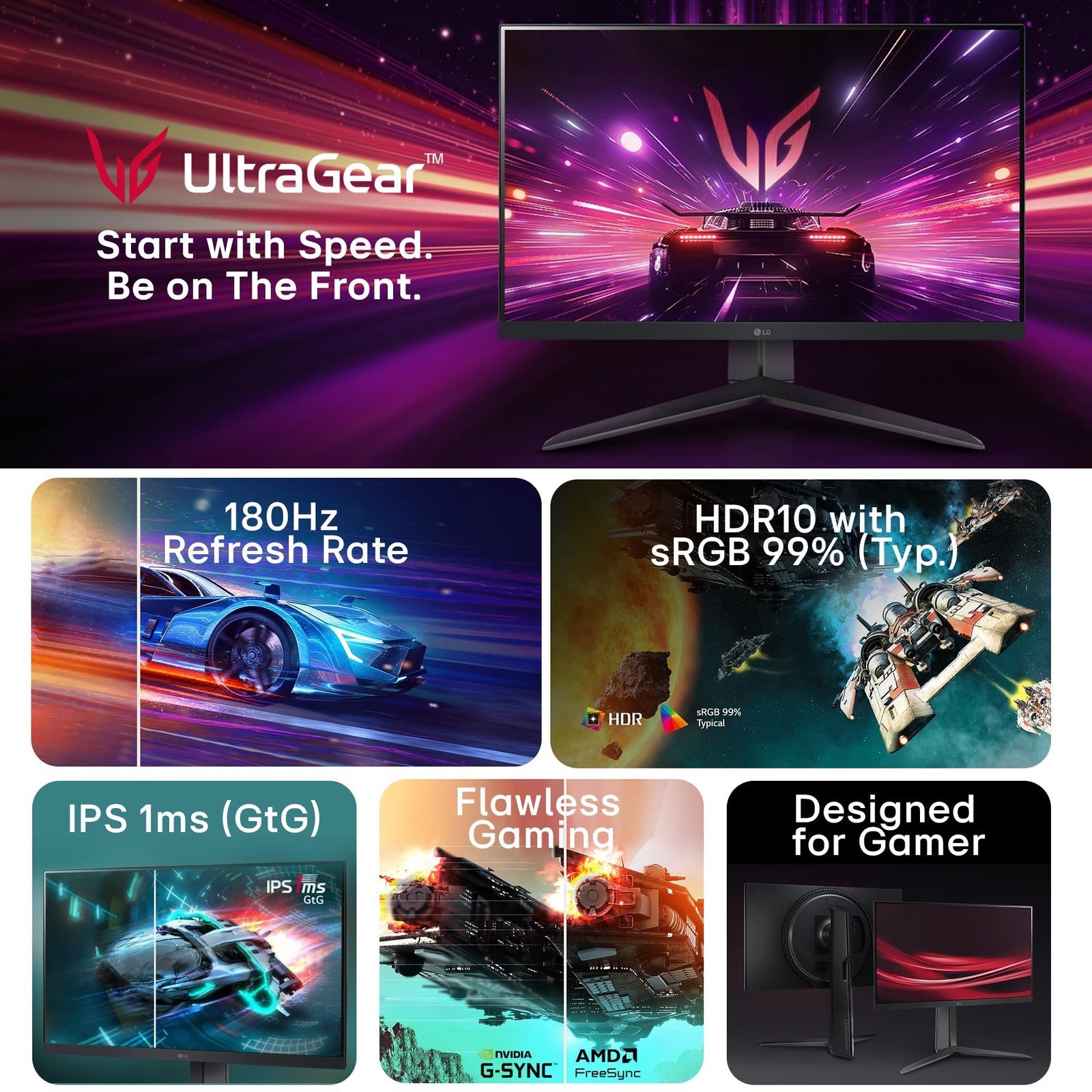 LG 24GS65F Smartchoice 60.47cm (23.8Inch) Ultragear FHD (1920x1080) IPS Gaming Monitor, 180Hz, 1ms, NVIDIA G-SYNC Compatible, AMD FreeSync, DP, HDMI, Tilt/Height/Pivot Adjustable, Anti-Glare (Black) - Image 2
