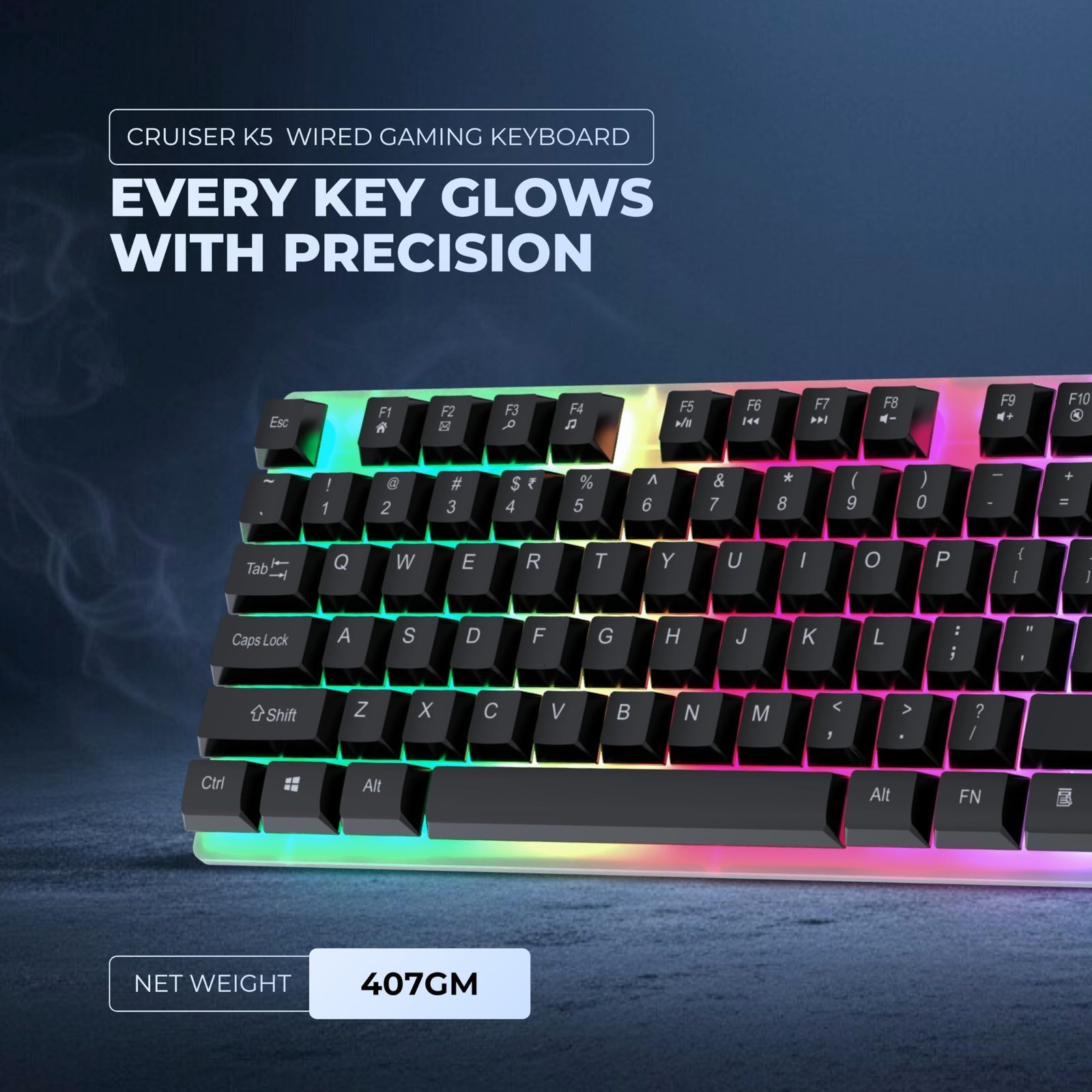 Geonix Cruiser K5, Wired Gaming Keyboard, 104 Keys, 1.5m Cable, 12 Multimedia Keys, USB Interface, RGB Colour, Plug and Play - Image 4