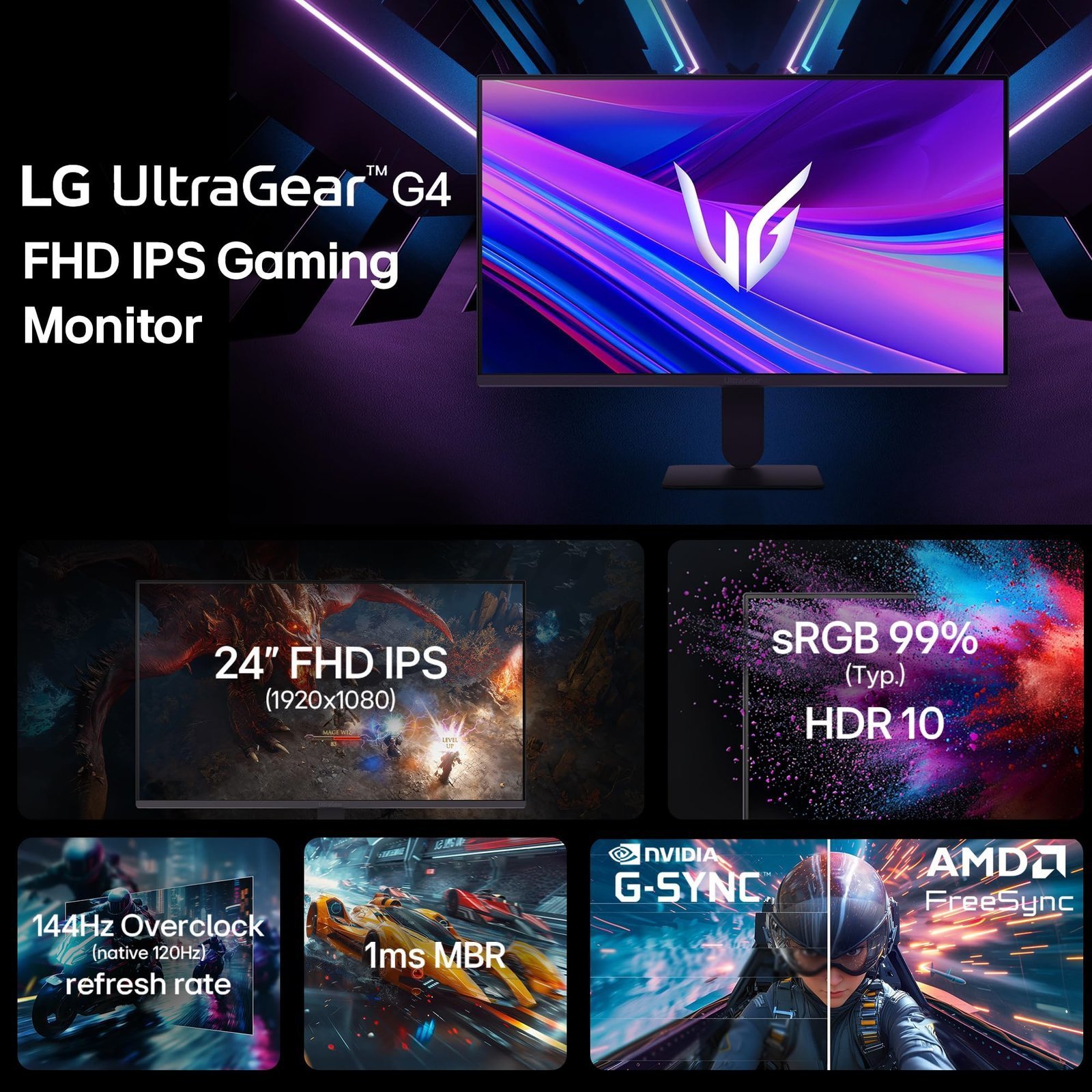 LG 24G411A 60.4 cm(24 Inch) Ultragear FHD(1920 x 1080) IPS Gaming Monitor, 1ms MBR, 144Hz (O/C), HDR10, NVIDIA G-Sync Compatible, AMD FreeSync, HDR10, HDMI, DP, HP Out, Anti-Glare, Slim Stand, Black - Image 2
